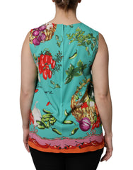 Dolce & Gabbana Ärmelloses Tanktop aus Seide mit mehrfarbigem Blumenmuster