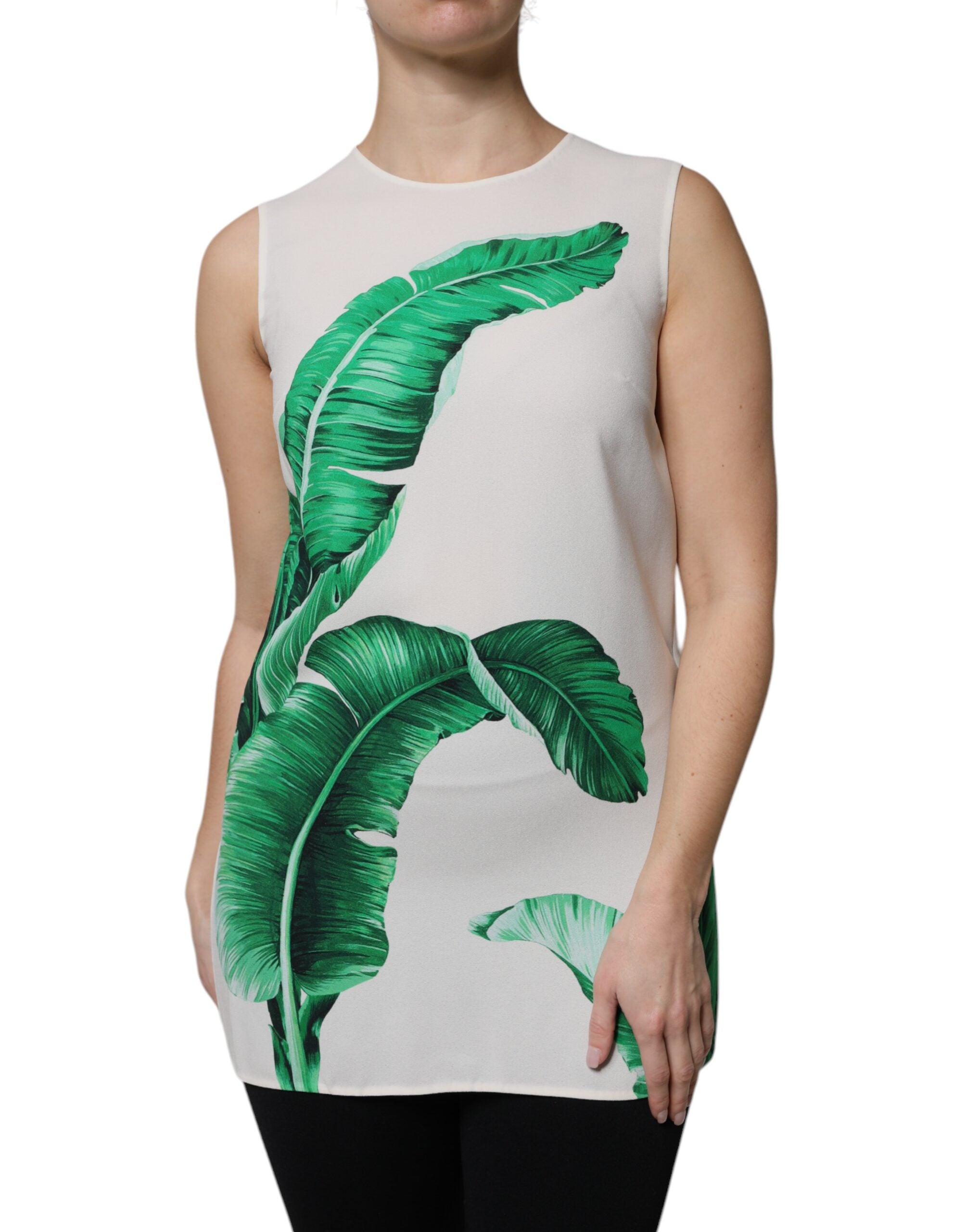 Dolce & Gabbana Weißes Tanktop mit Bananenblatt-Print und Rundhalsausschnitt