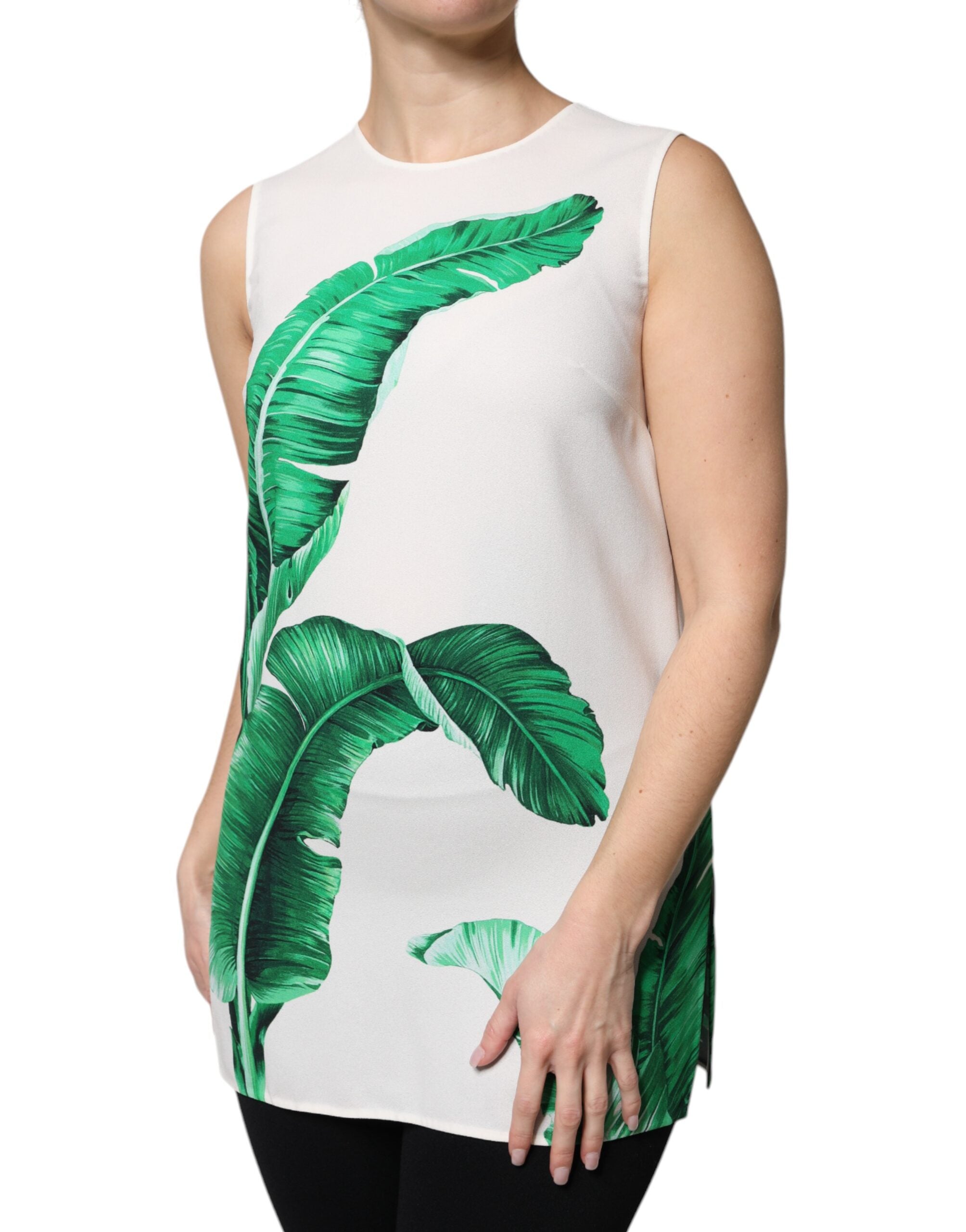 Dolce & Gabbana Weißes Tanktop mit Bananenblatt-Print und Rundhalsausschnitt