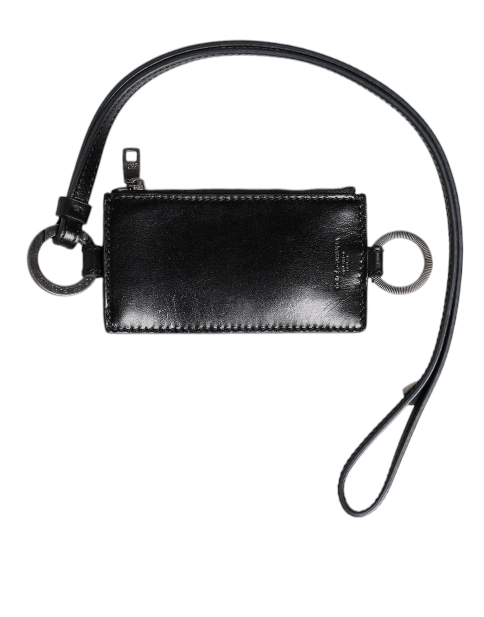 Dolce & Gabbana Schwarzer Leder-Schlüsselband-Kartenhalter mit Logoprägung