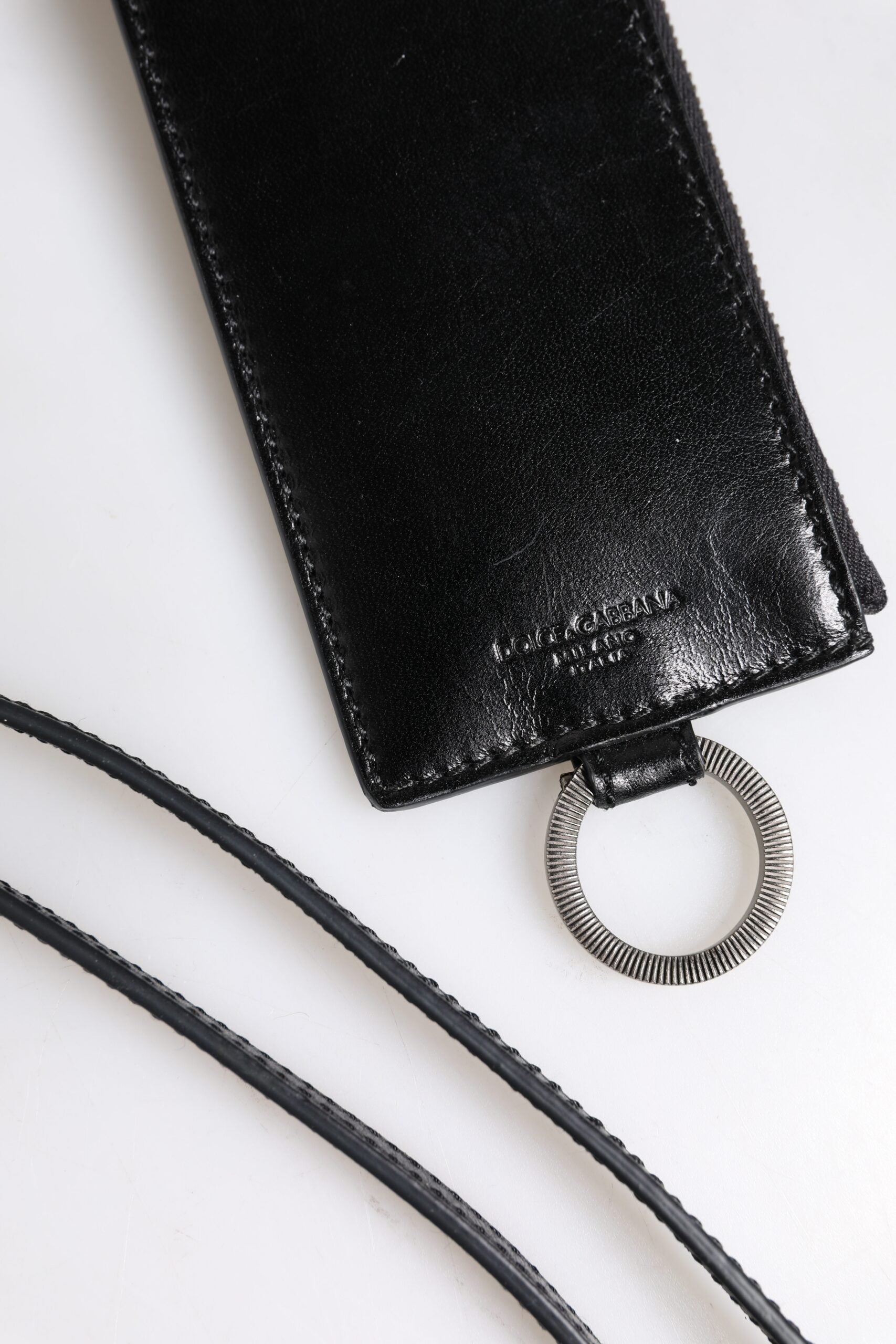 Dolce & Gabbana Schwarzer Leder-Schlüsselband-Kartenhalter mit Logoprägung