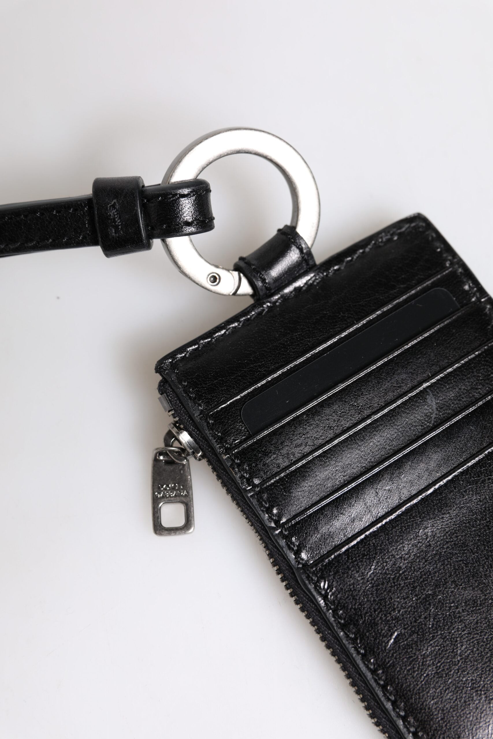 Dolce & Gabbana Schwarzer Leder-Schlüsselband-Kartenhalter mit Logoprägung