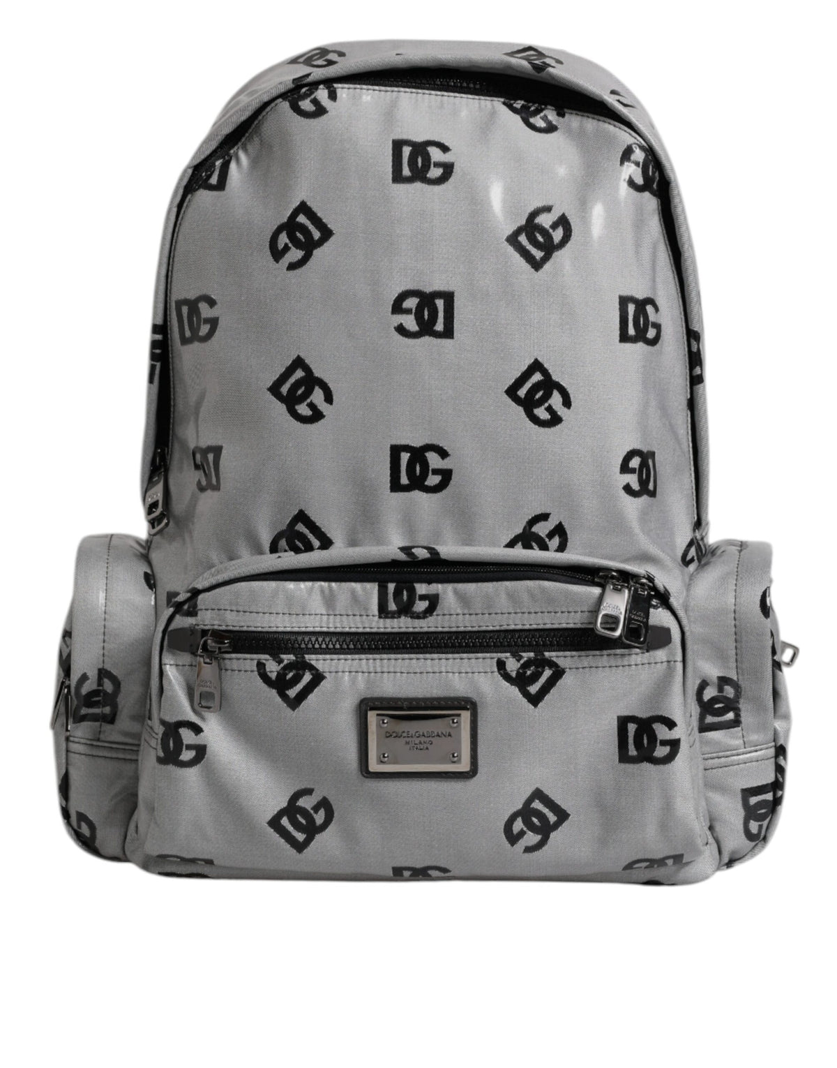 Dolce & Gabbana Polyester Grau Schwarz DG Logo Plaketten Rucksack Tasche