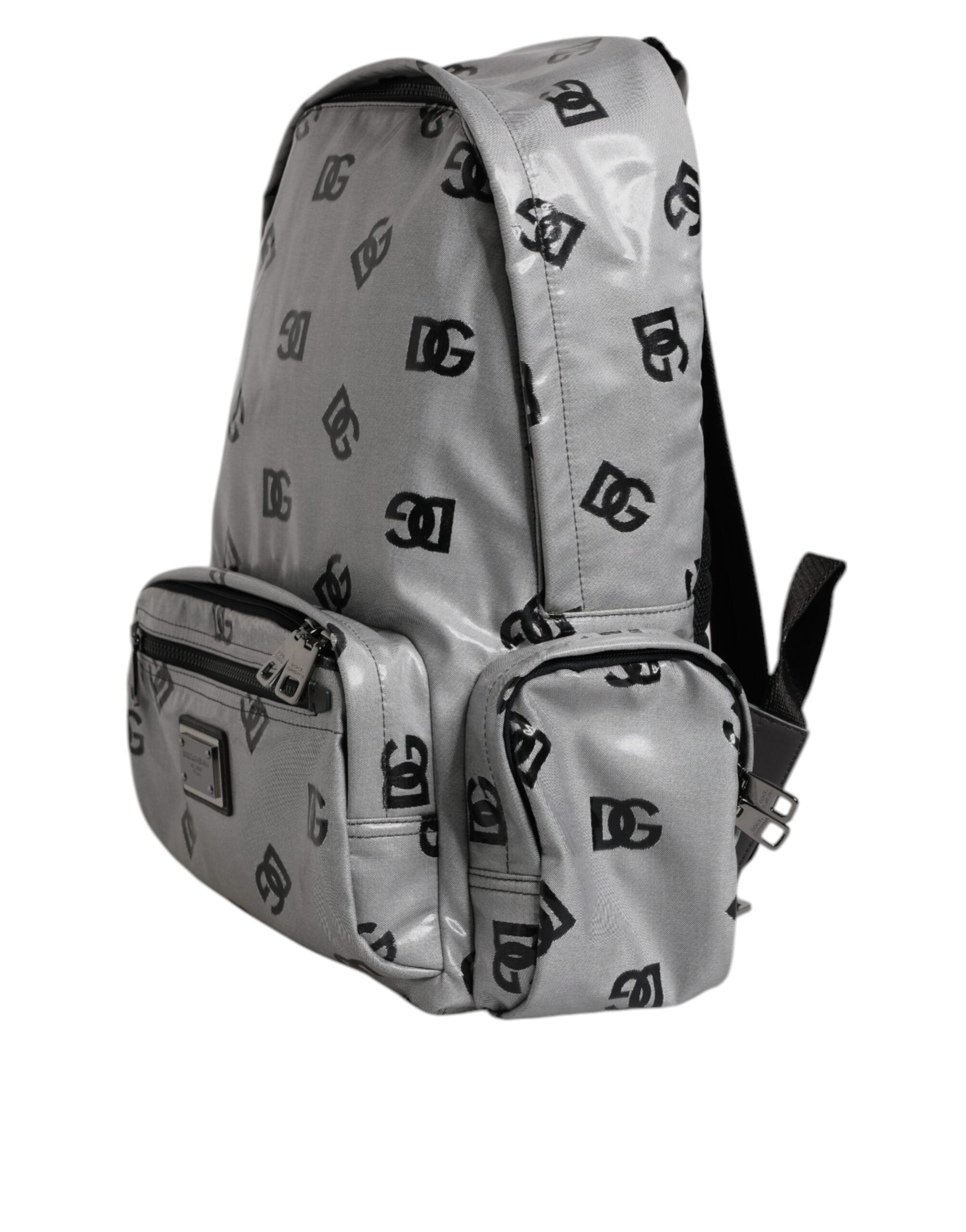 Dolce & Gabbana Polyester Grau Schwarz DG Logo Plaketten Rucksack Tasche