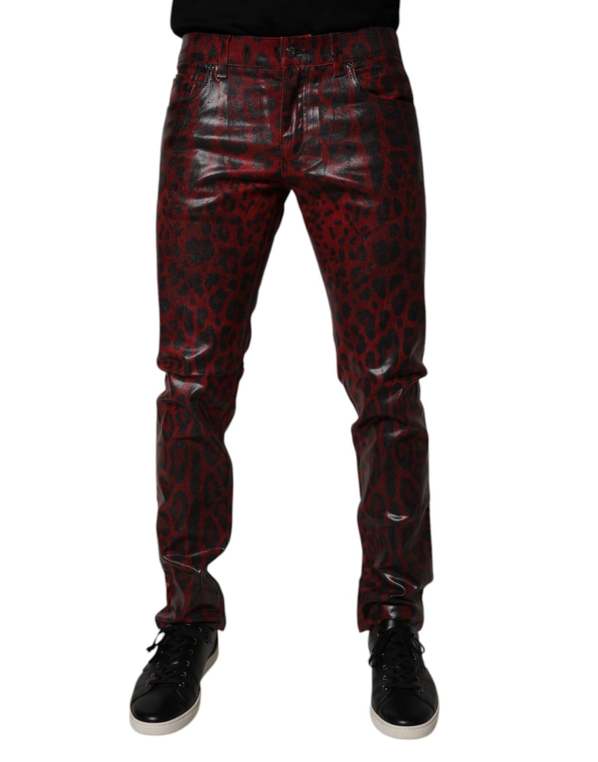 Dolce & Gabbana Rote Leopard Baumwolle Skinny Herren Jeans