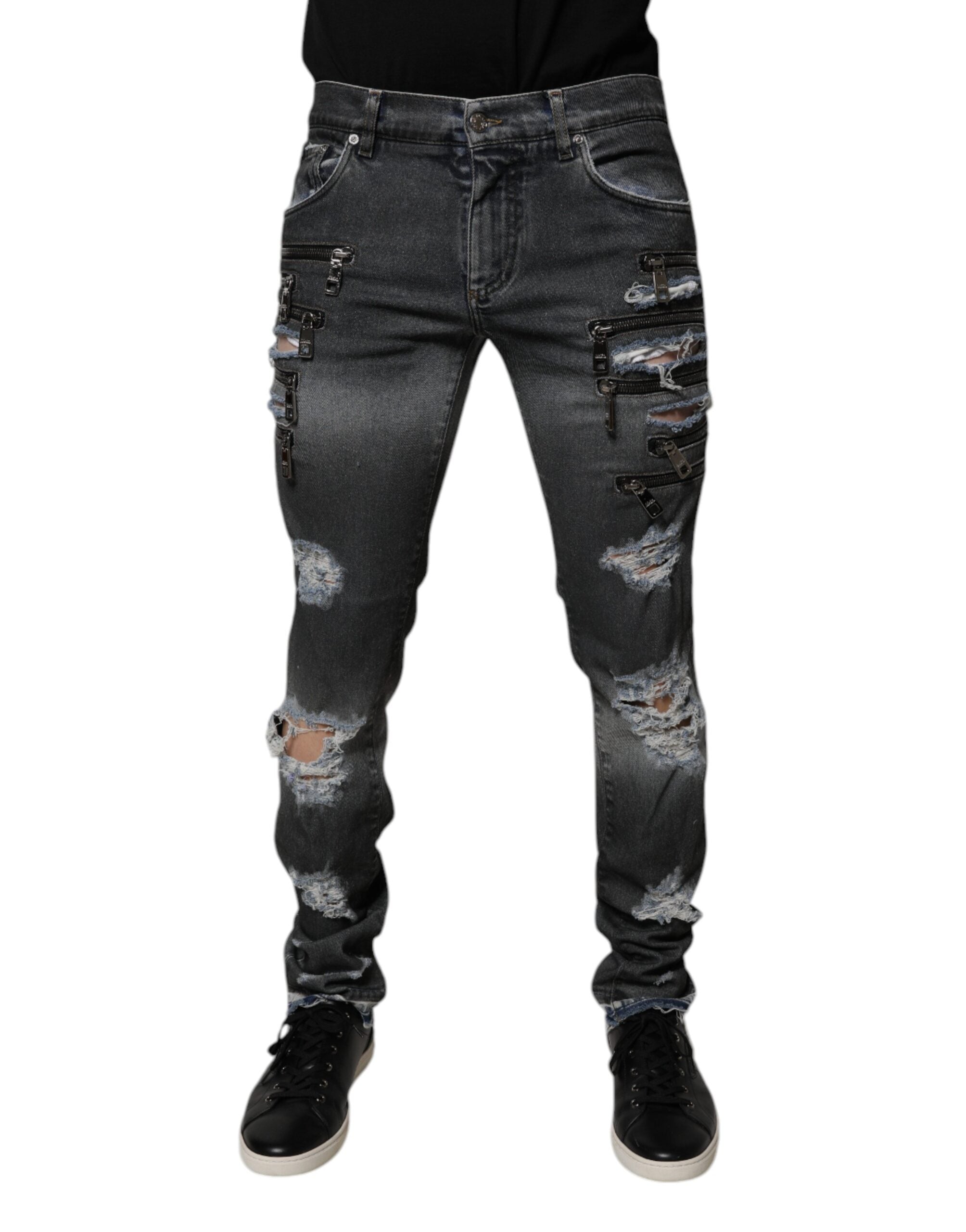 Dolce & Gabbana Dunkelgraue zerrissene Skinny Jeans aus Baumwolle