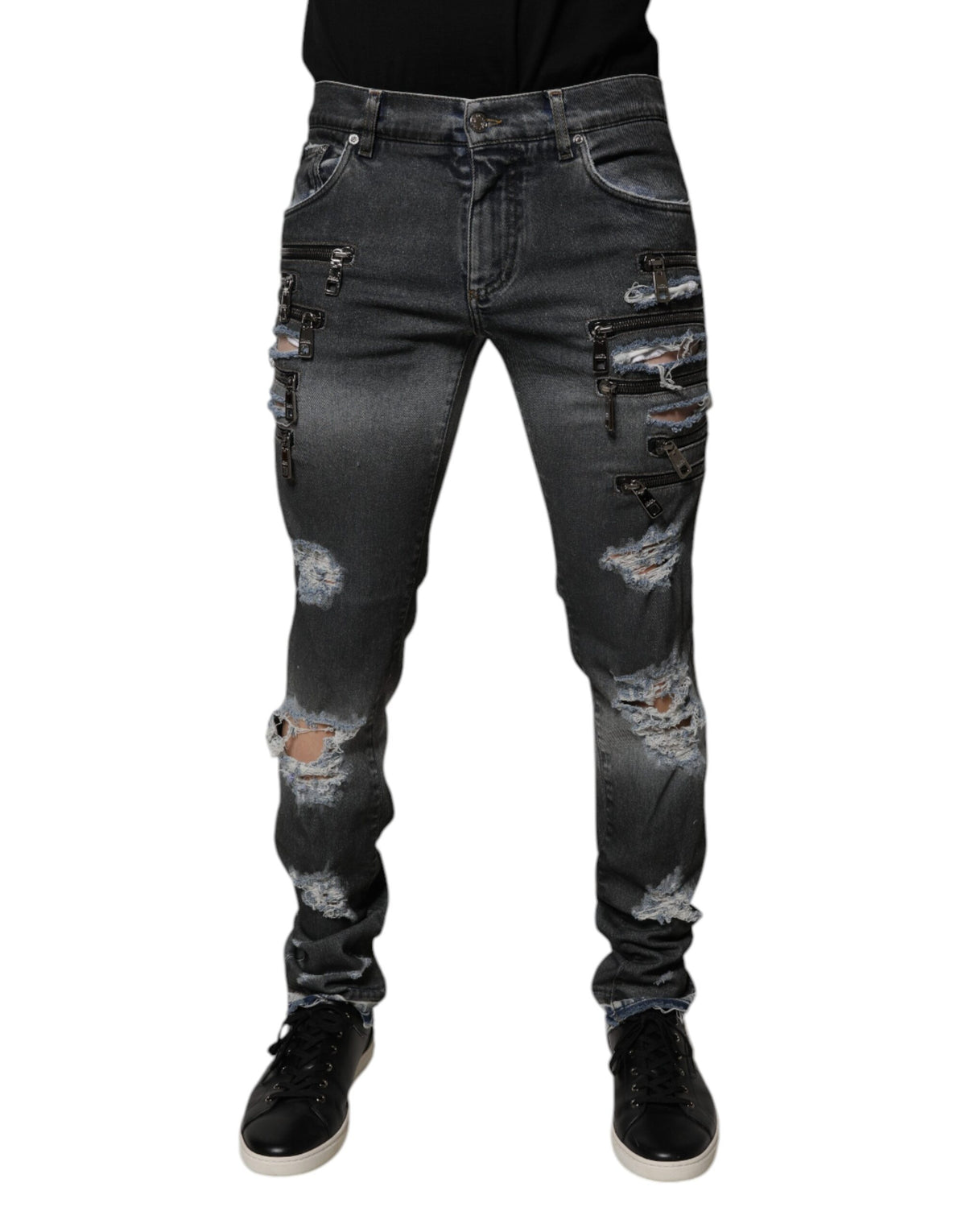 Dolce & Gabbana Dunkelgraue zerrissene Skinny Jeans aus Baumwolle