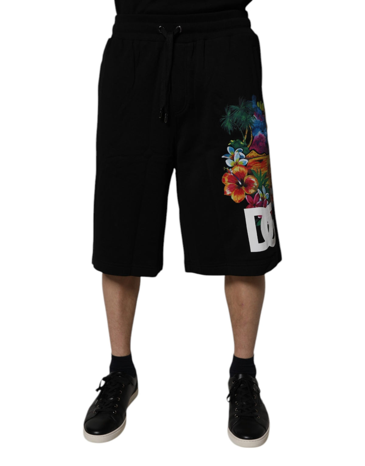 Dolce & Gabbana Schwarze Bermuda-Shorts aus Baumwolle mit Logo und Blumenprint