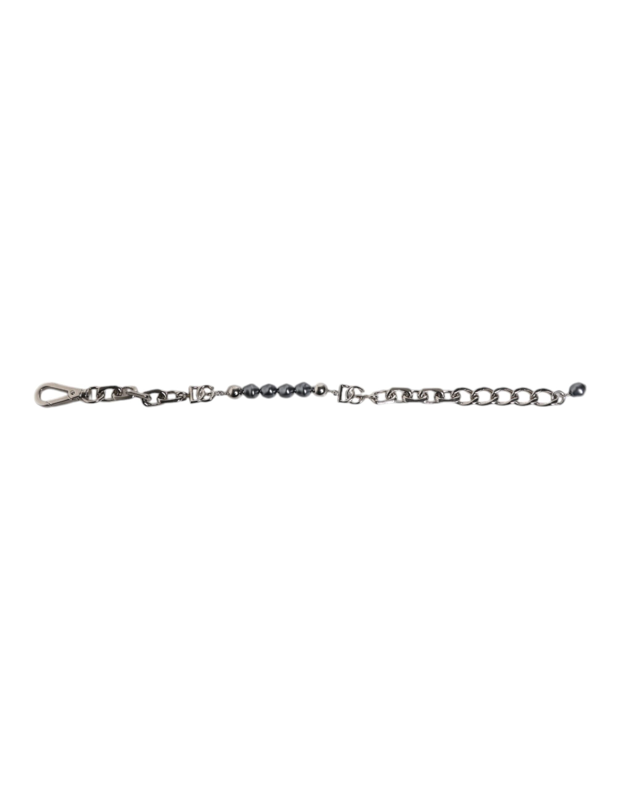 Dolce & Gabbana silberfarbenes Kettenarmband mit Karabinerverschluss, Logo und grauen Perlen