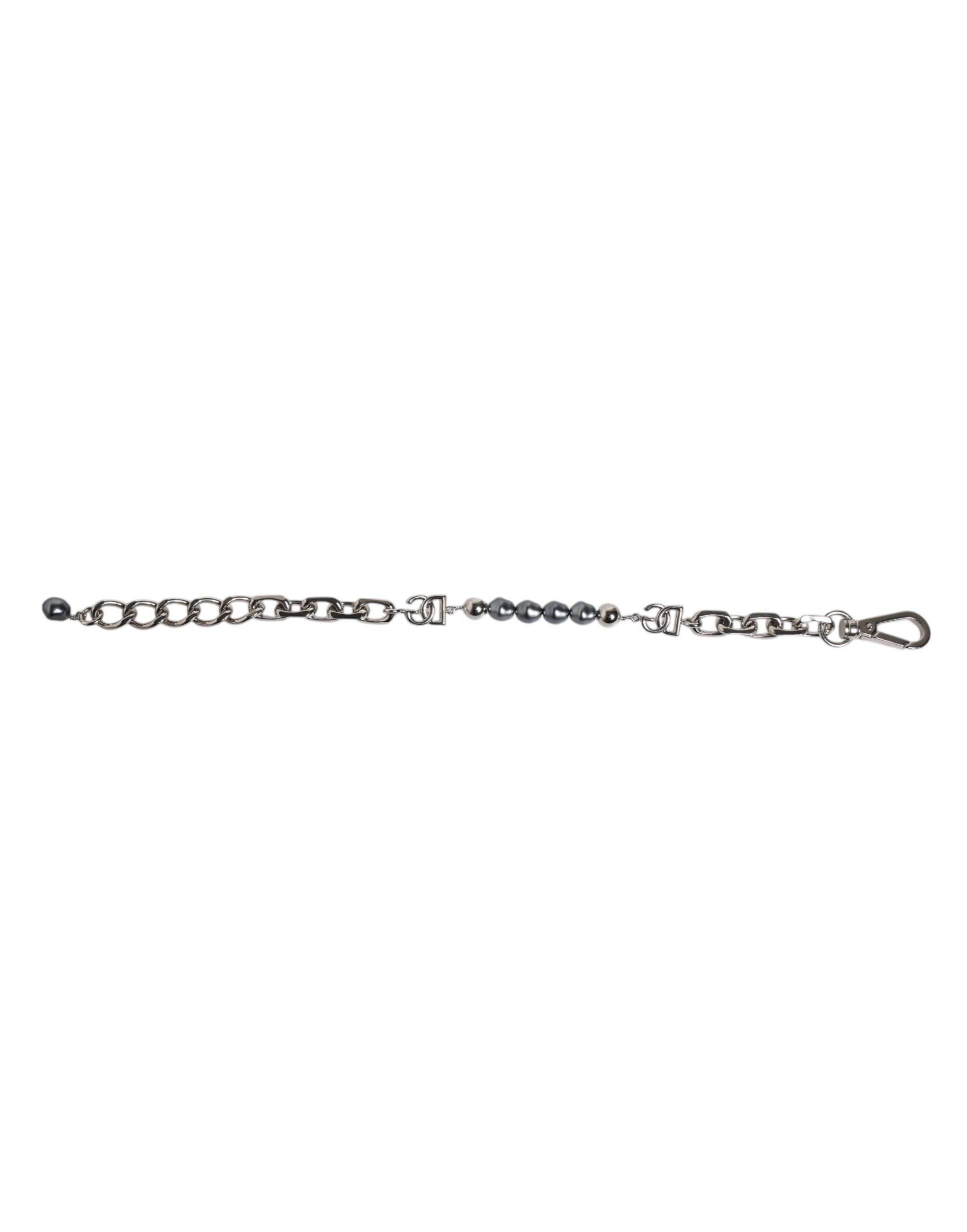 Dolce & Gabbana silberfarbenes Kettenarmband mit Karabinerverschluss, Logo und grauen Perlen