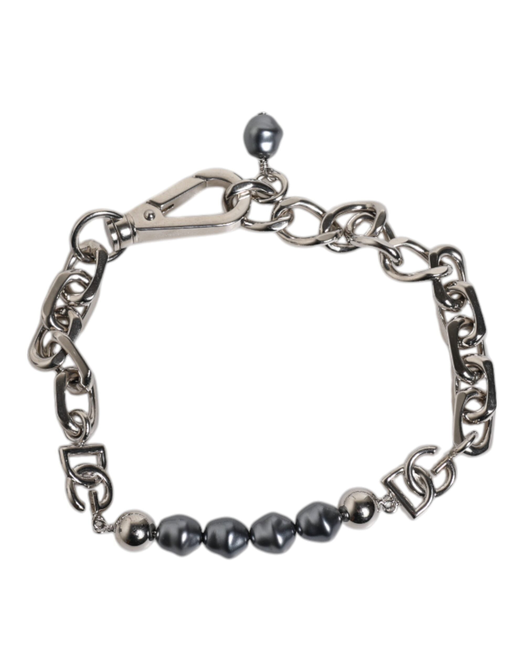 Dolce & Gabbana silberfarbenes Kettenarmband mit Karabinerverschluss, Logo und grauen Perlen