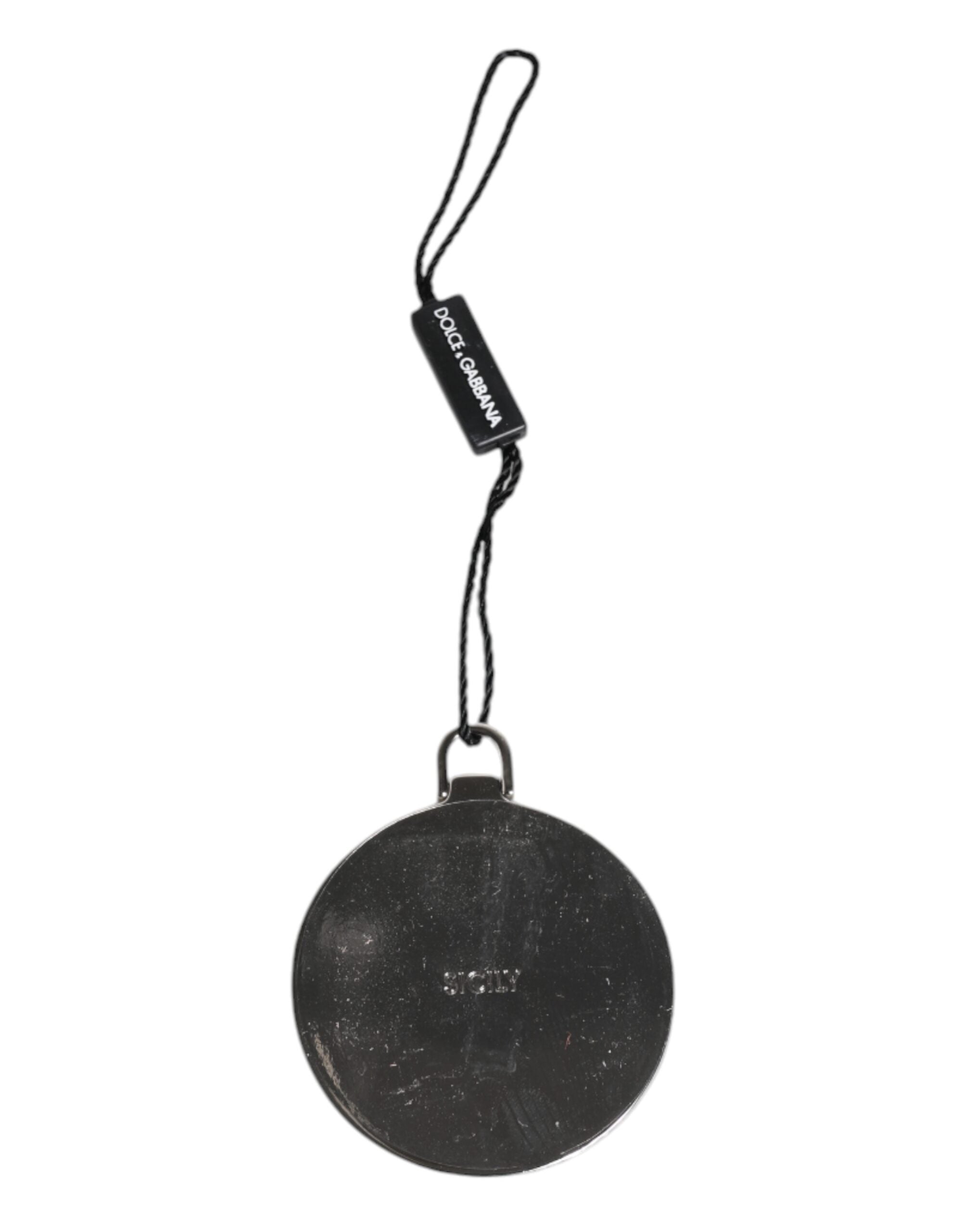 Dolce & Gabbana Green Calfskin Leather Round Logo Hand Mirror Holder