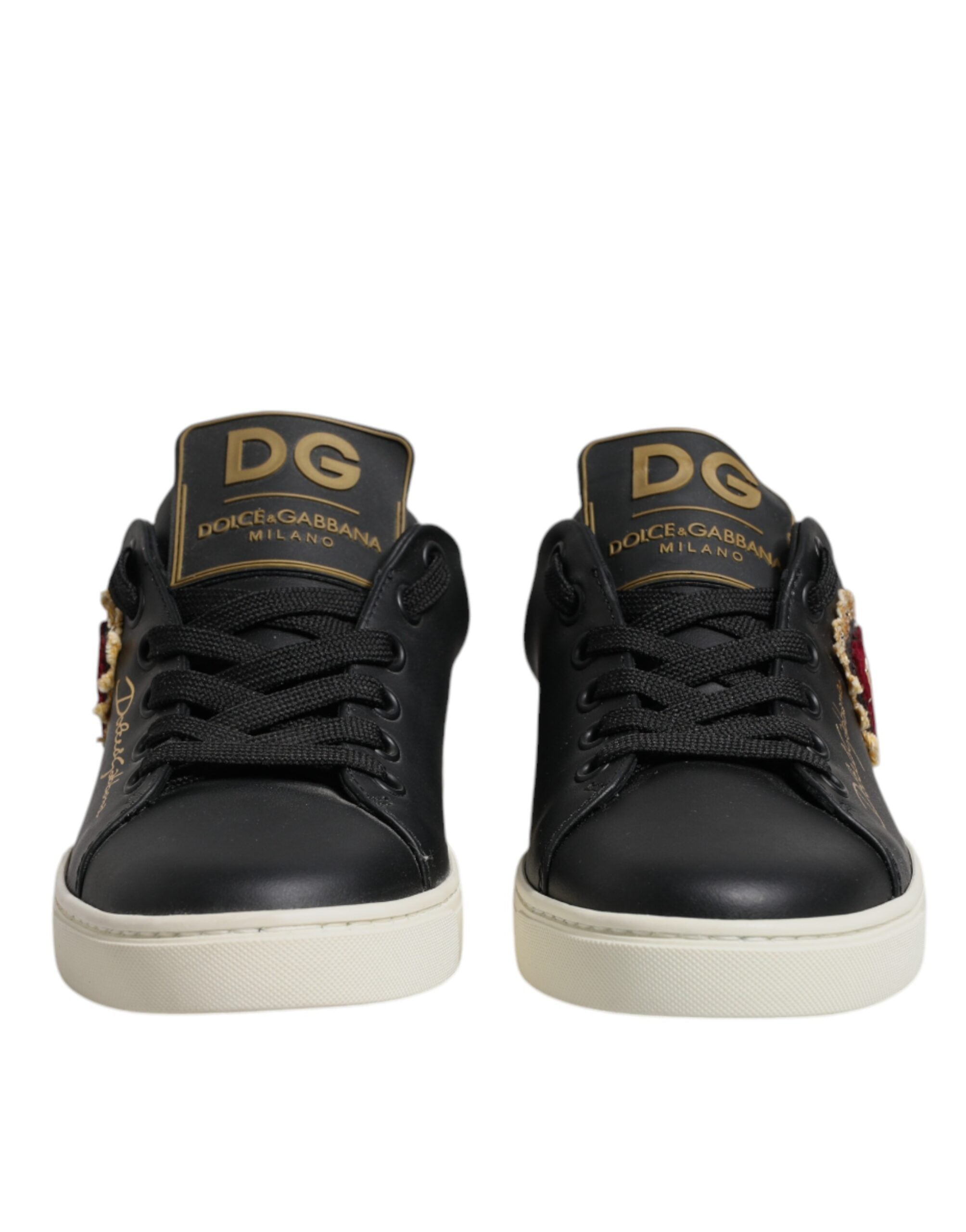 Dolce & Gabbana Schwarze Leder Gold Rote Herz Sneaker Schuhe