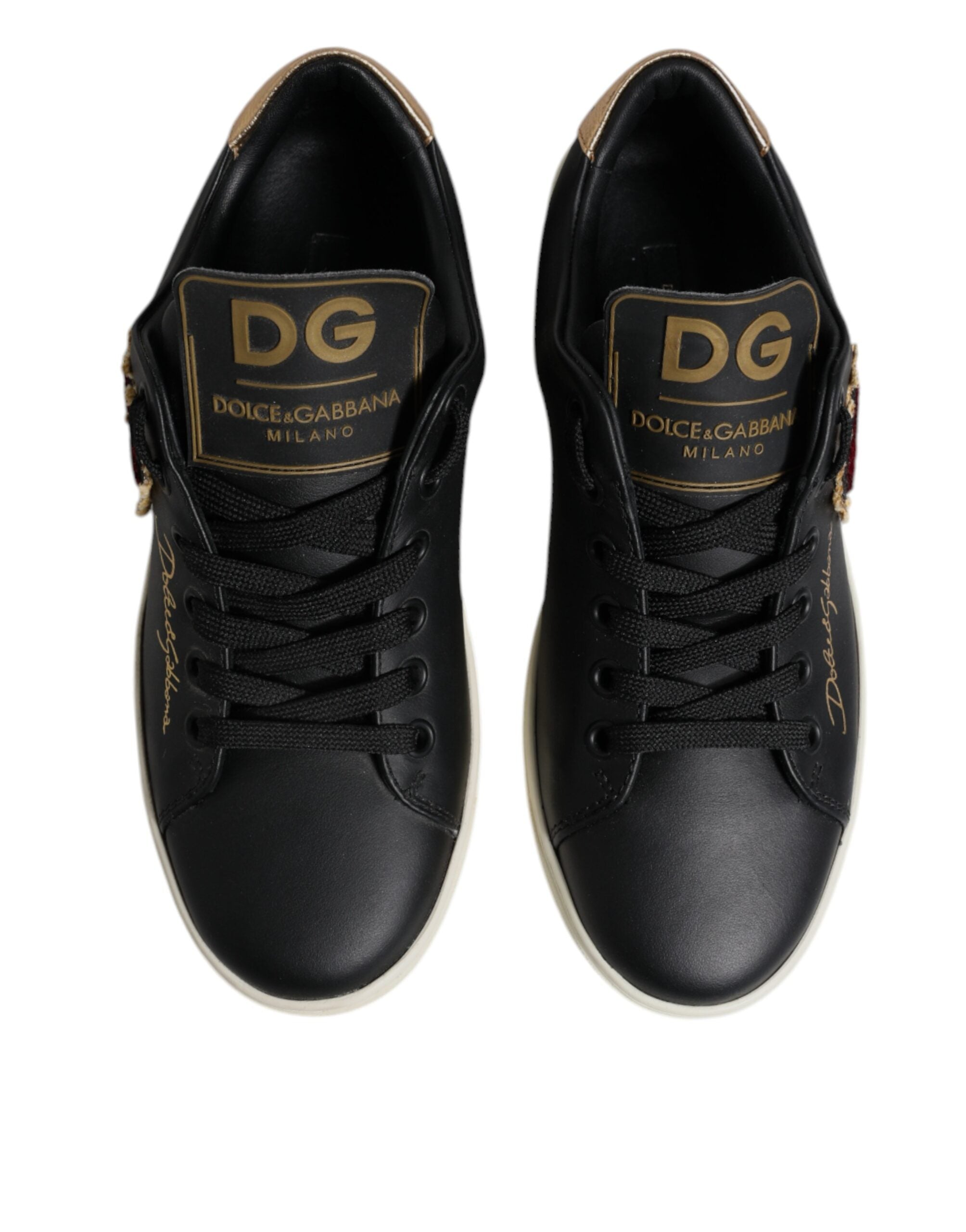 Dolce & Gabbana Schwarze Leder Gold Rote Herz Sneaker Schuhe