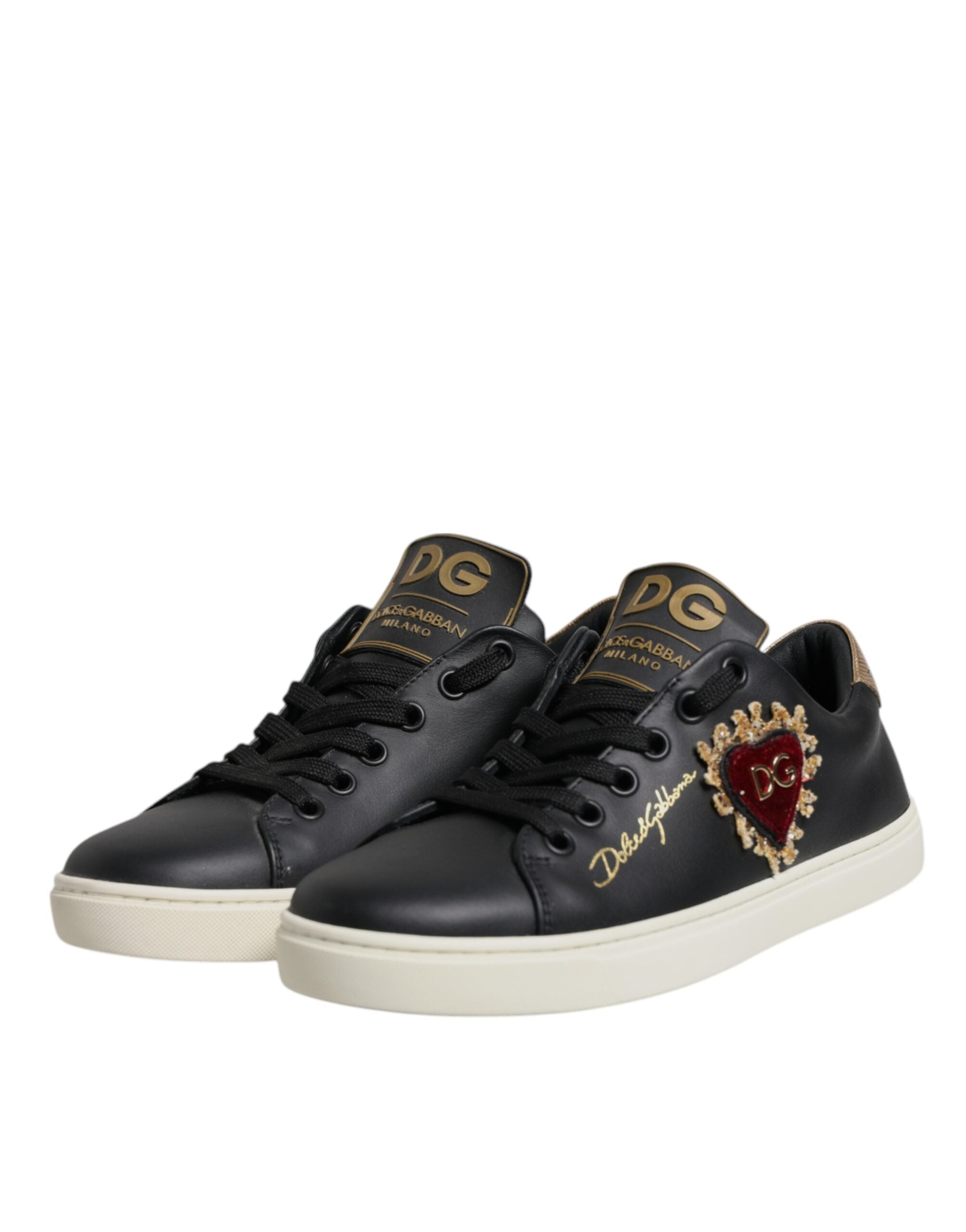 Dolce & Gabbana Schwarze Leder Gold Rote Herz Sneaker Schuhe