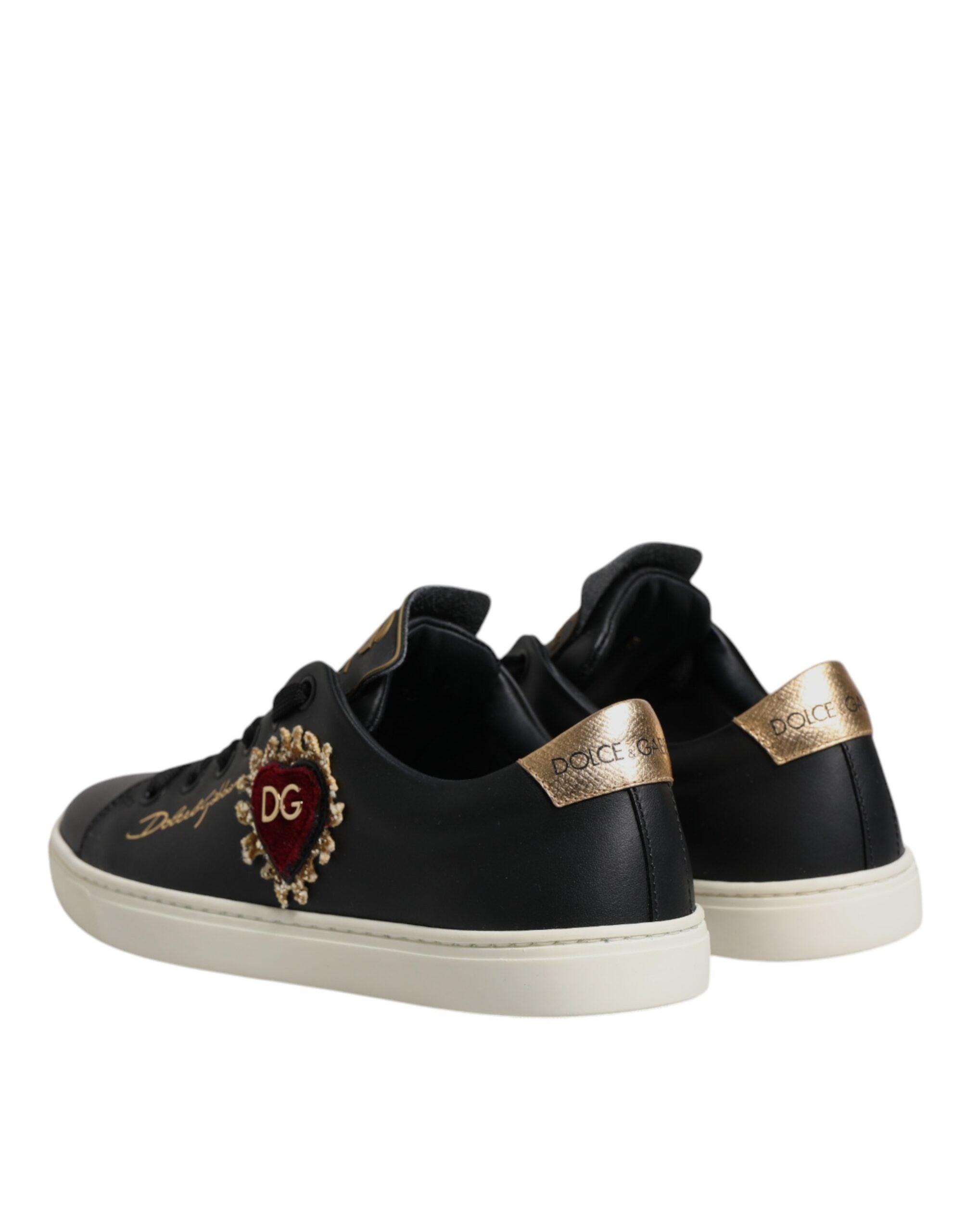 Dolce & Gabbana Schwarze Leder Gold Rote Herz Sneaker Schuhe