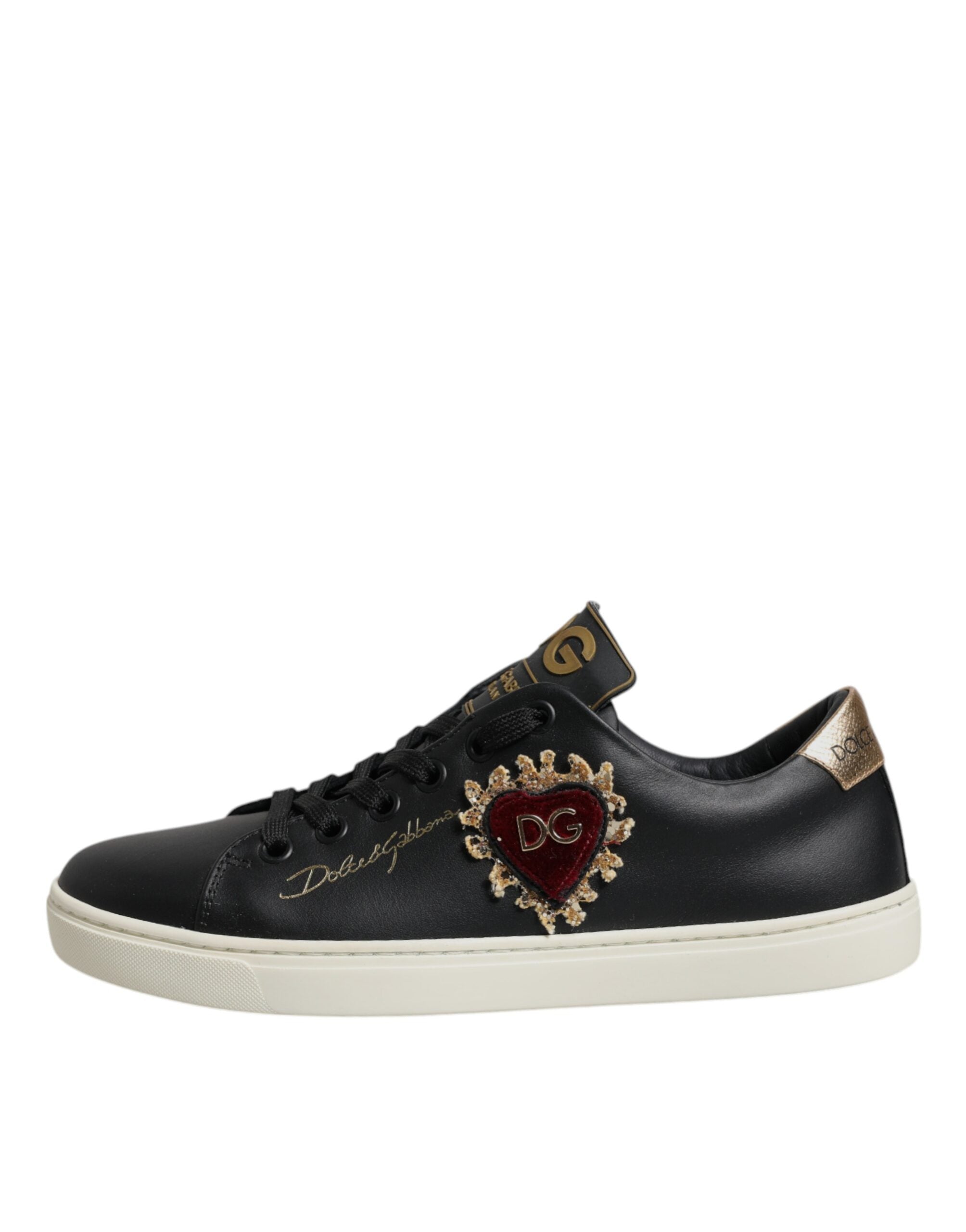Dolce & Gabbana Schwarze Leder Gold Rote Herz Sneaker Schuhe
