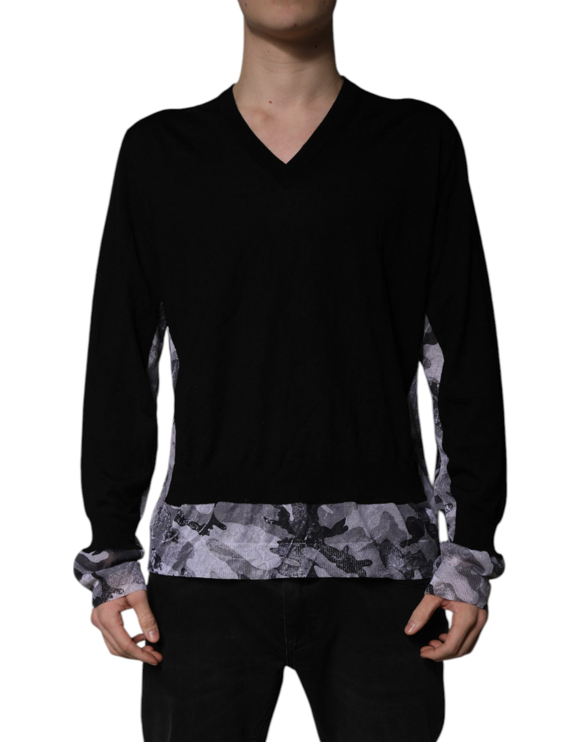 Dolce & Gabbana Schwarzer Camouflage V-Ausschnitt Pullover