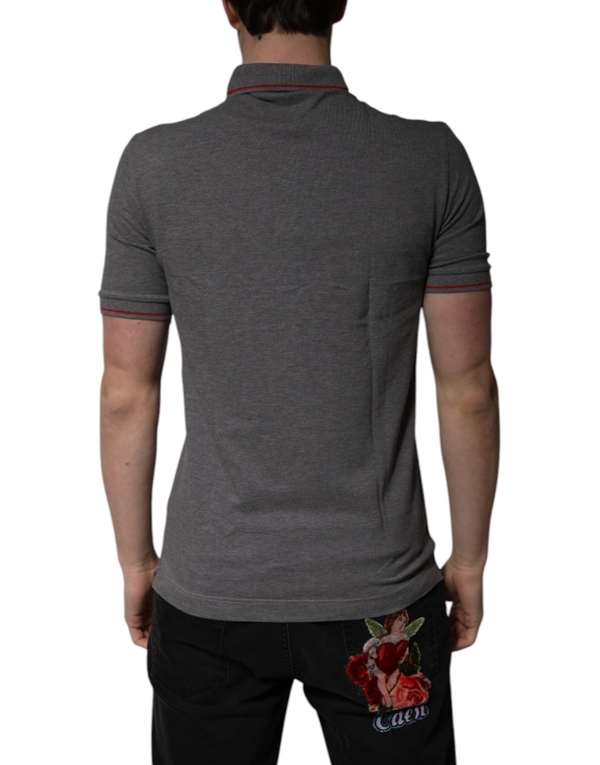 Dolce & Gabbana Graues Poloshirt aus Baumwolle mit Kragen und Krone