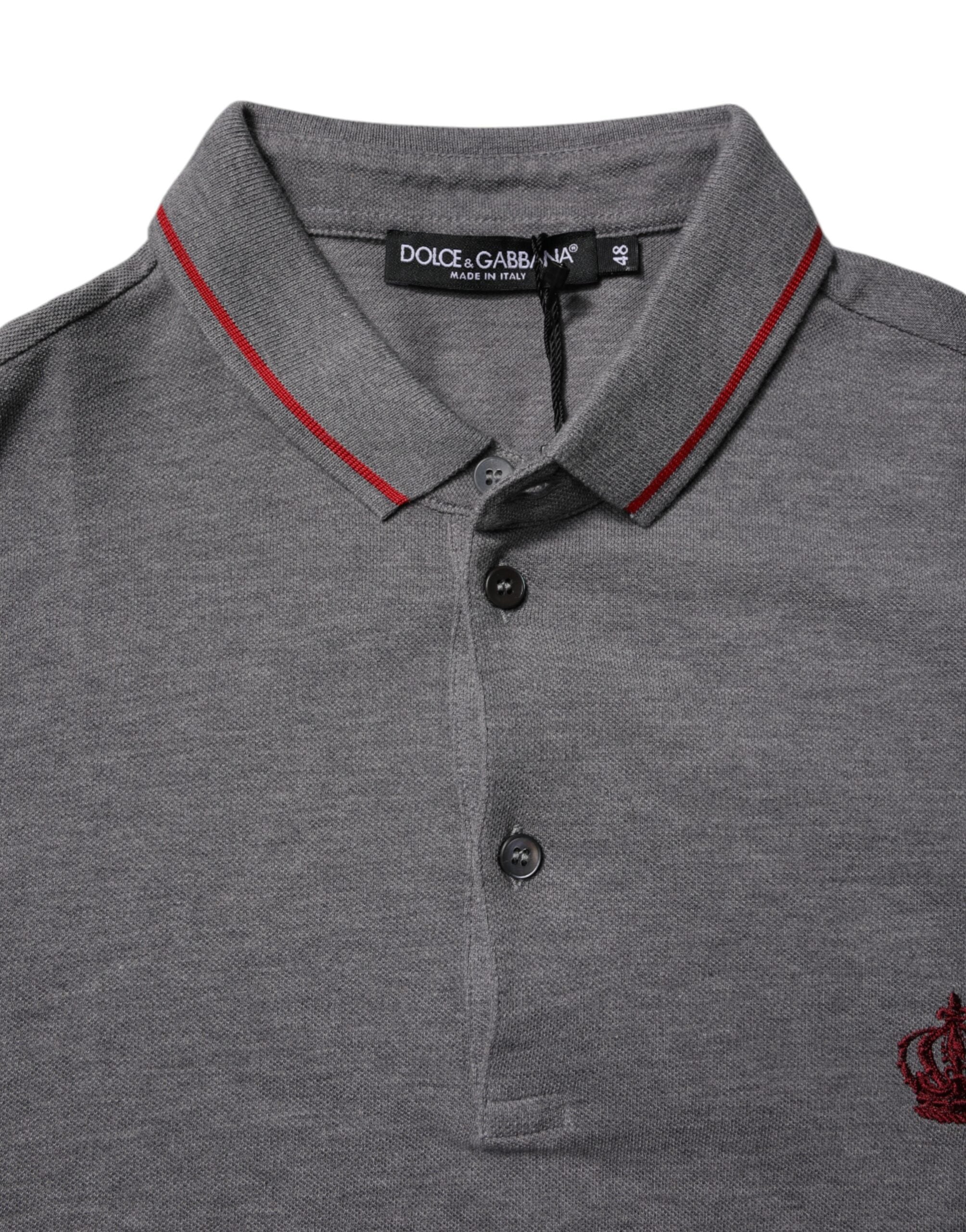 Dolce & Gabbana Graues Poloshirt aus Baumwolle mit Kragen und Krone