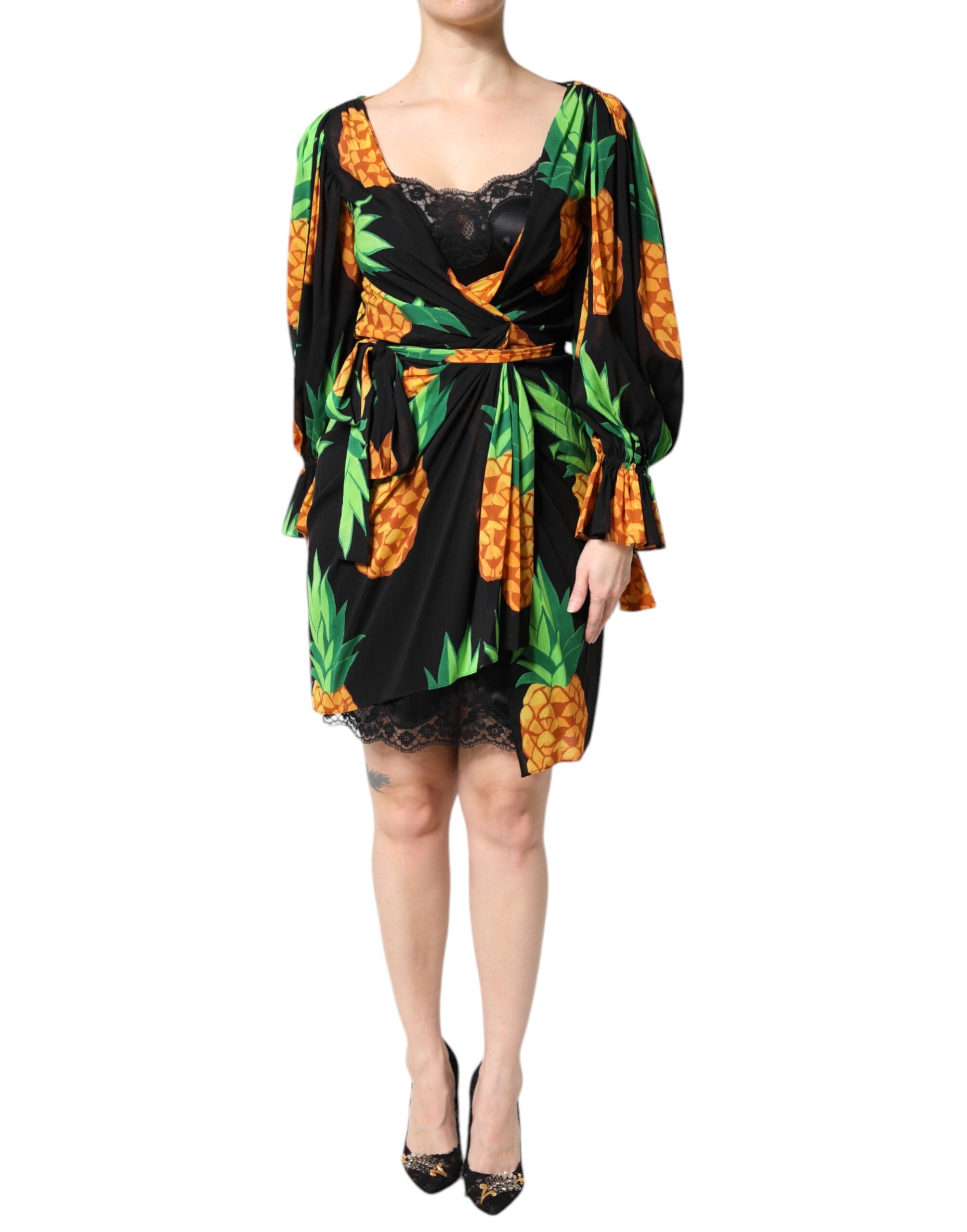 Dolce & Gabbana Schwarzes Wickelkleid aus Seide mit Ananas-Drapier-Print