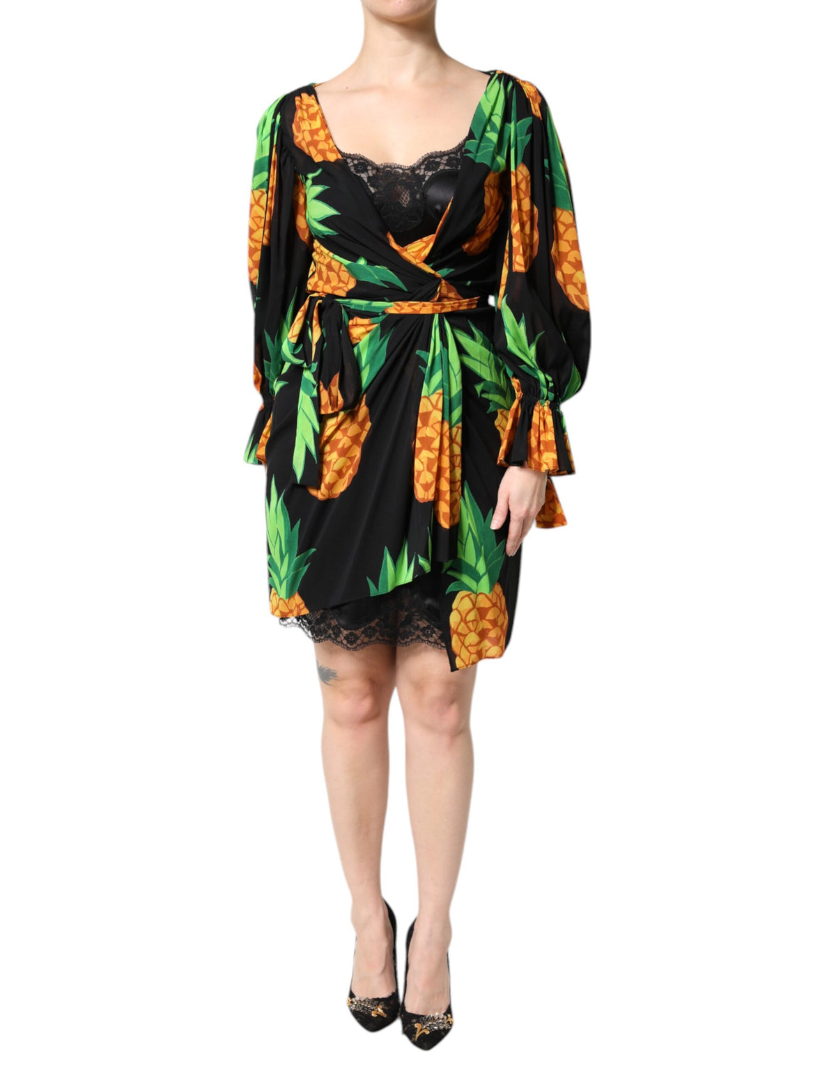 Dolce & Gabbana Schwarzes Wickelkleid aus Seide mit Ananas-Drapier-Print