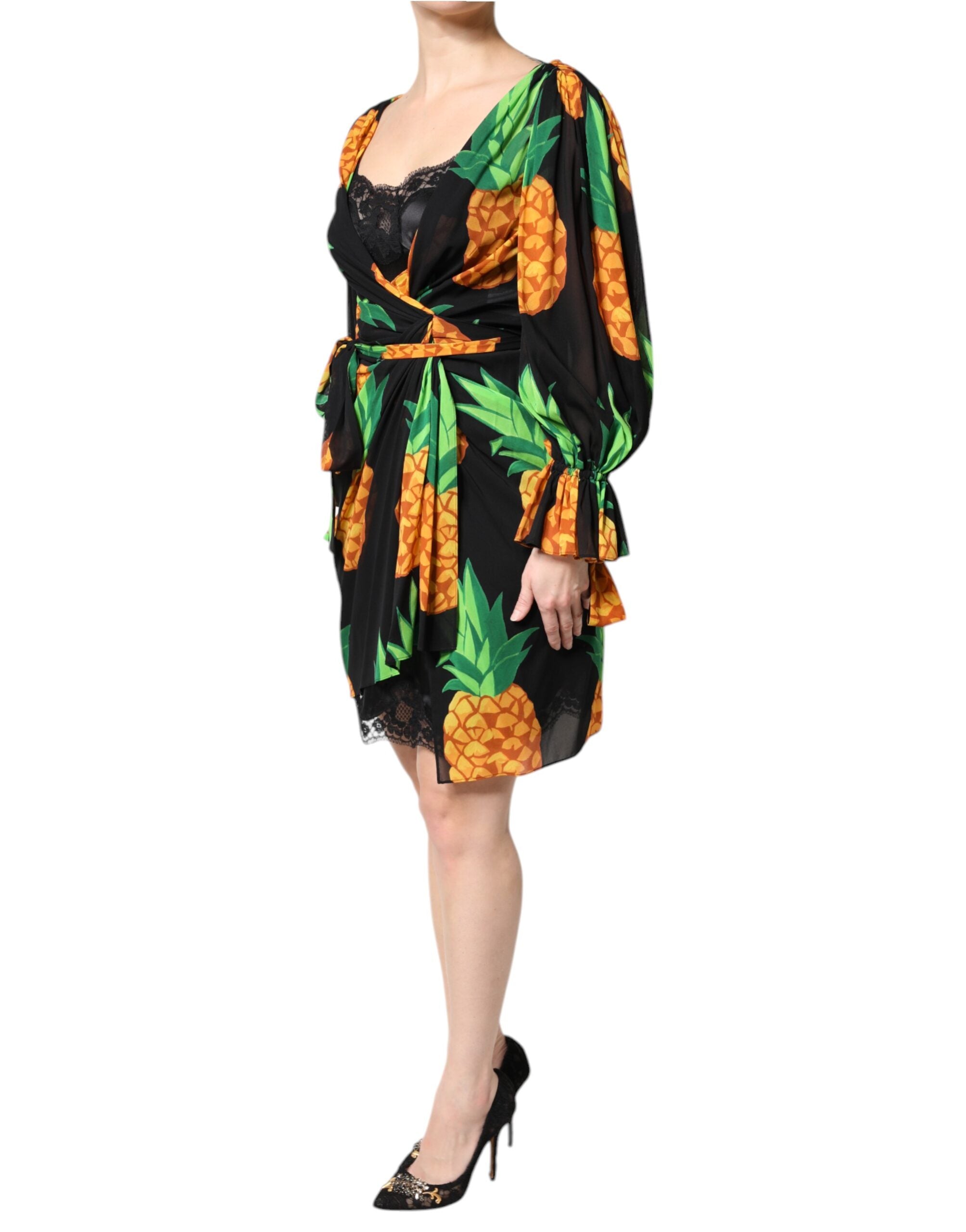 Dolce & Gabbana Schwarzes Wickelkleid aus Seide mit Ananas-Drapier-Print