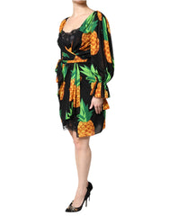 Dolce & Gabbana Schwarzes Wickelkleid aus Seide mit Ananas-Drapier-Print