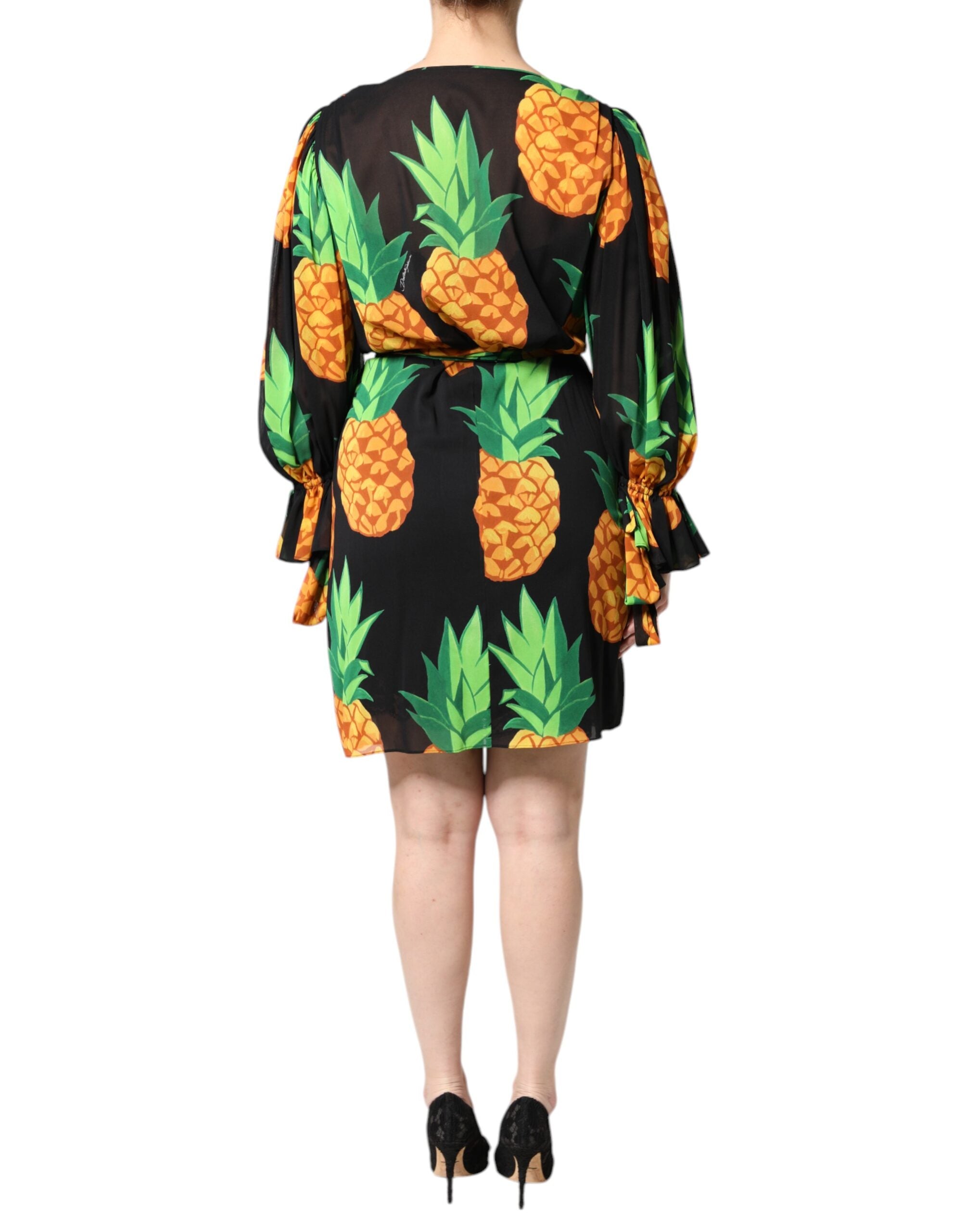 Dolce & Gabbana Schwarzes Wickelkleid aus Seide mit Ananas-Drapier-Print