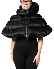 Dolce & Gabbana Schwarze gepolsterte Puffer-Kapuzenjacke mit durchgehendem Reißverschluss, kurz geschnitten