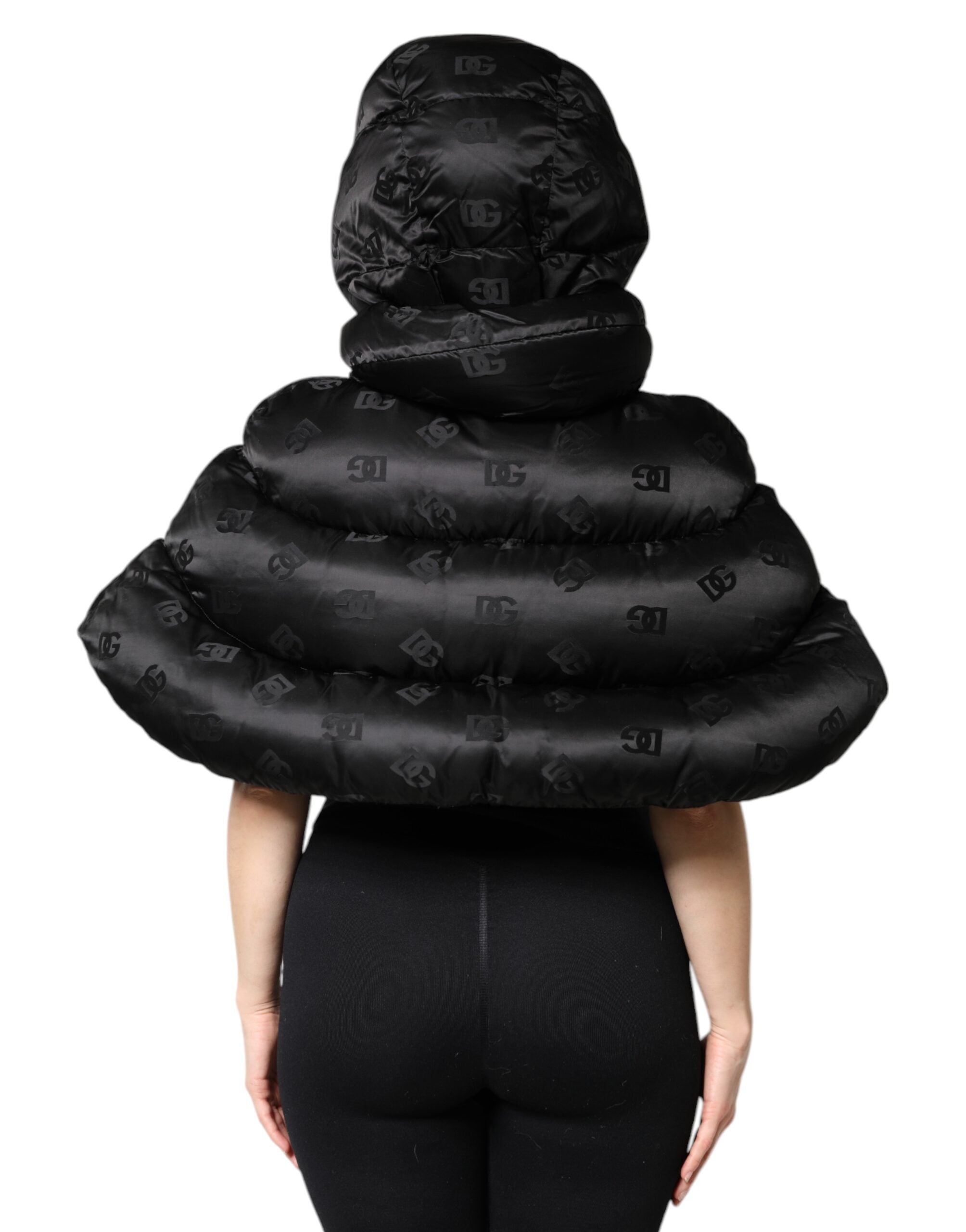 Dolce & Gabbana Schwarze gepolsterte Puffer-Kapuzenjacke mit durchgehendem Reißverschluss, kurz geschnitten