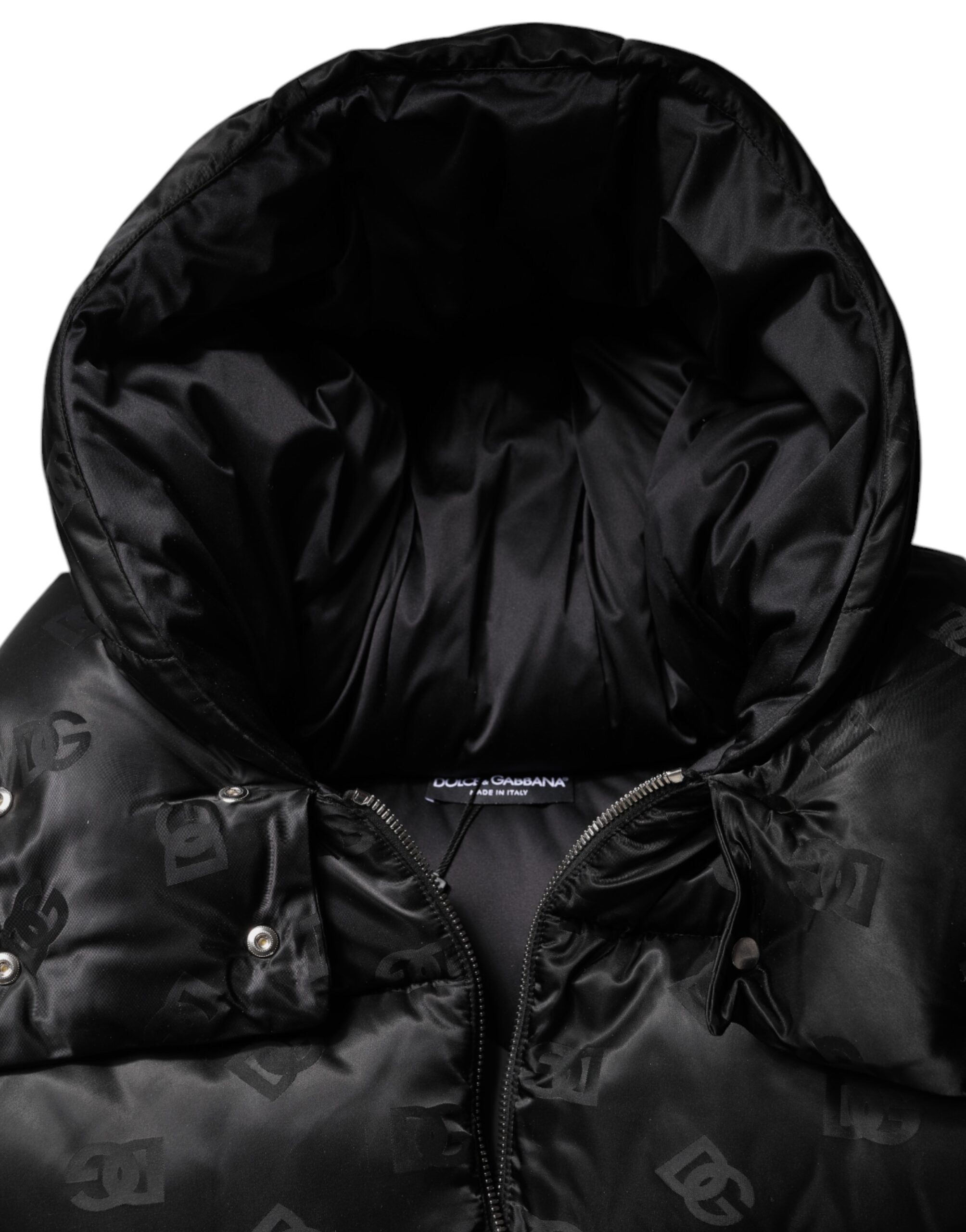 Dolce & Gabbana Schwarze gepolsterte Puffer-Kapuzenjacke mit durchgehendem Reißverschluss, kurz geschnitten