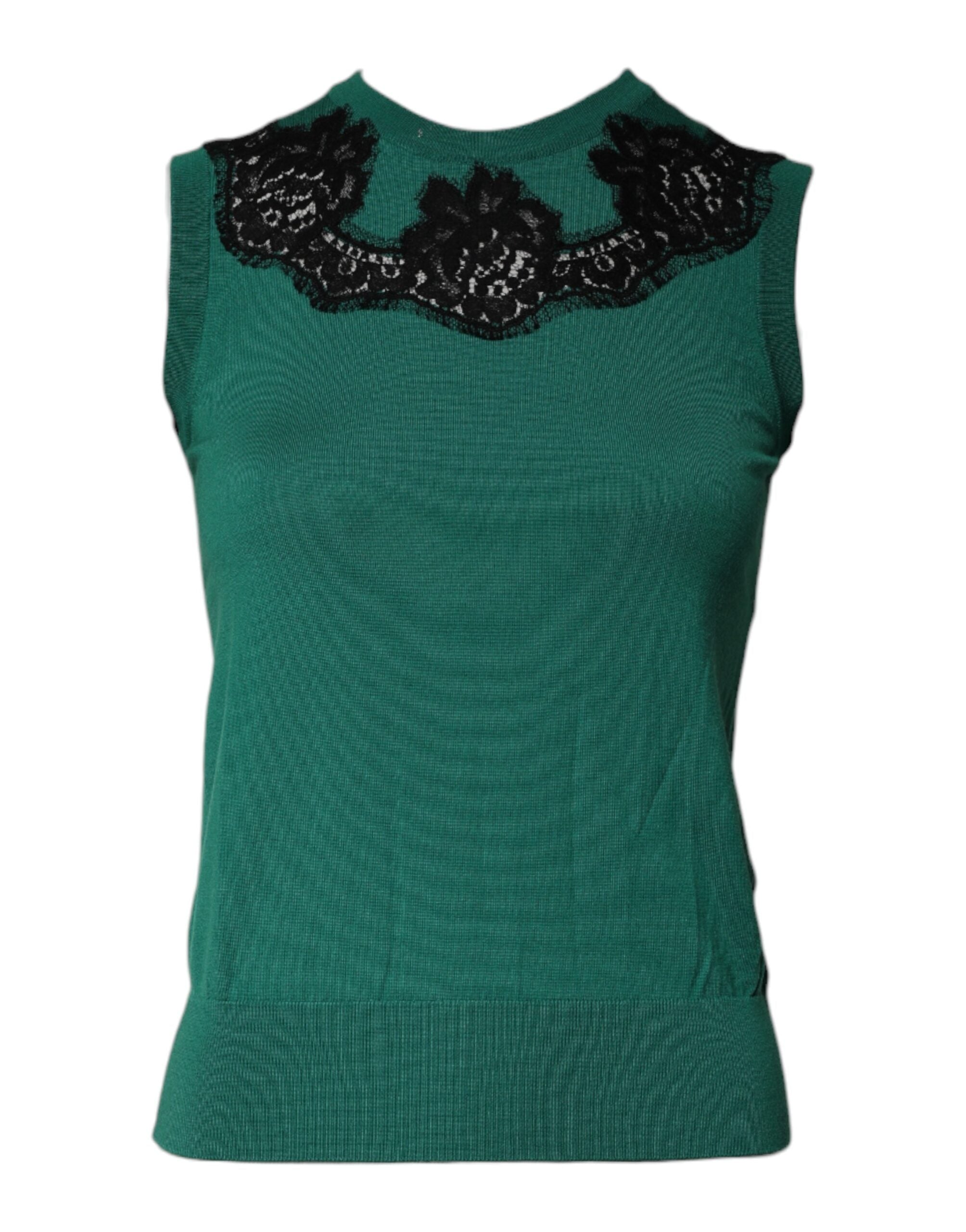 Dolce & Gabbana Grünes Woll-Tanktop mit Spitzenbesatz