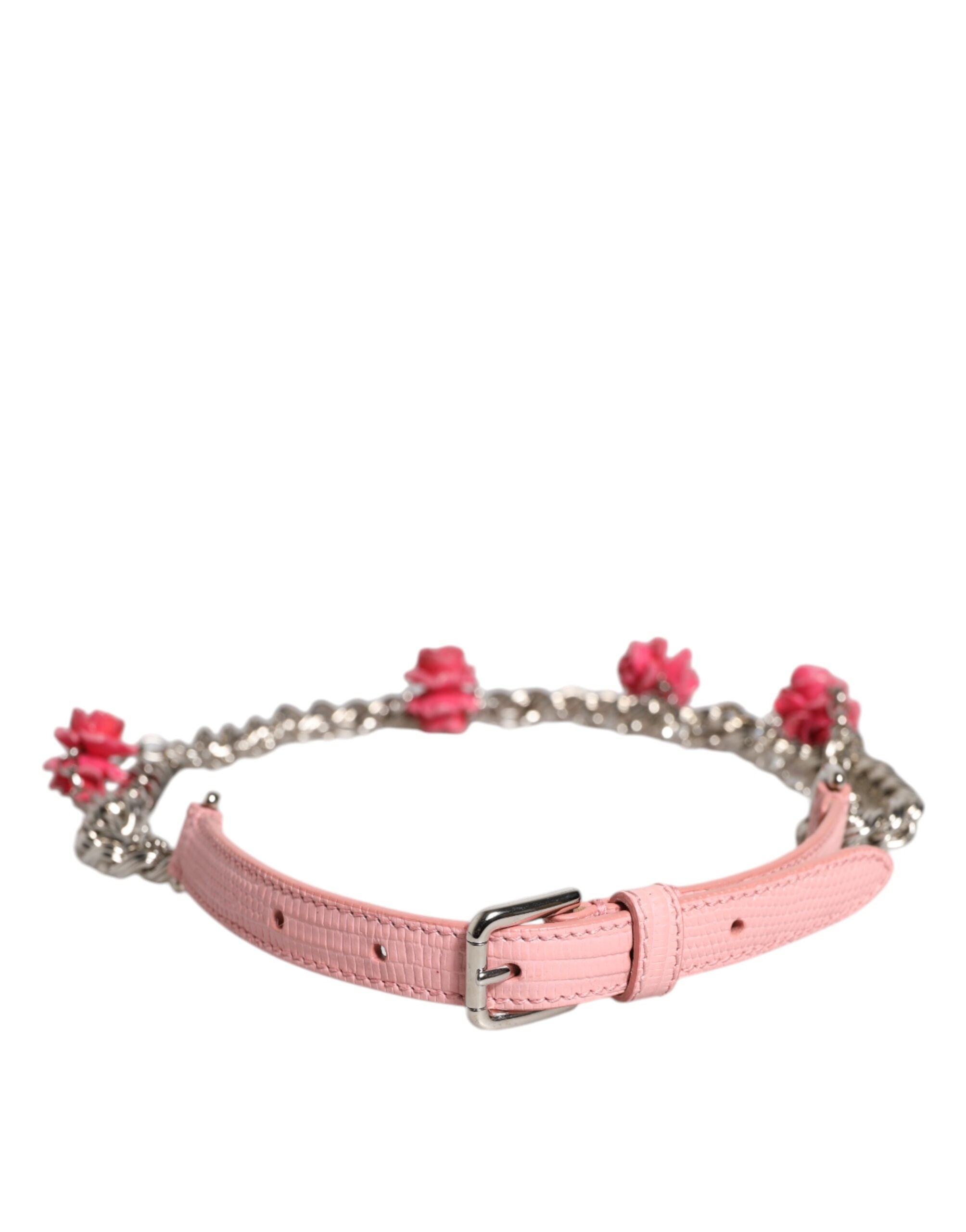 Dolce & Gabbana Rosa bestickter Rosen-Gürtel aus strukturiertem Leder