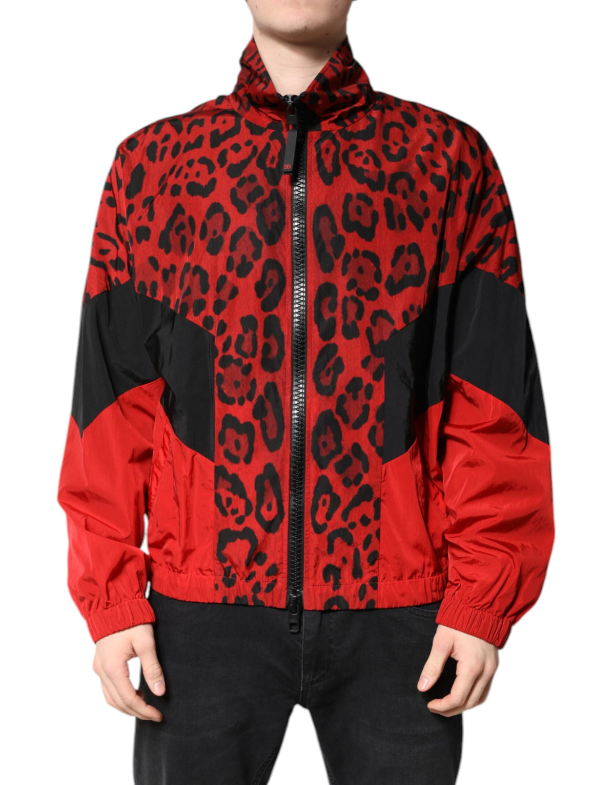 Dolce & Gabbana Rote Leopard Nylon Bomberjacke mit durchgehendem Reißverschluss