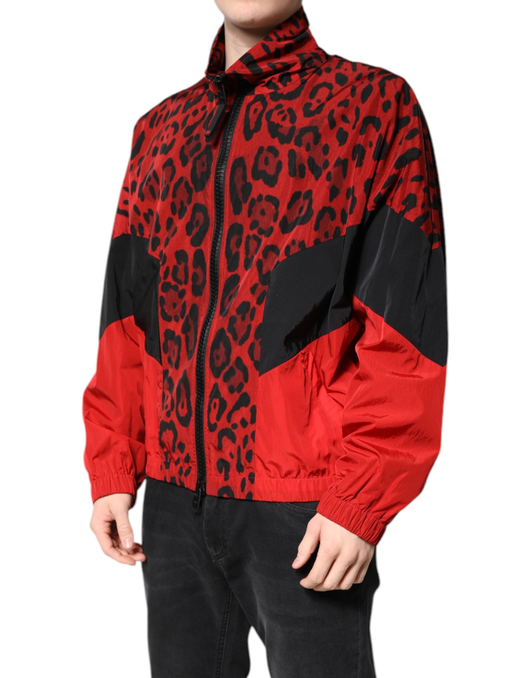 Dolce & Gabbana Rote Leopard Nylon Bomberjacke mit durchgehendem Reißverschluss