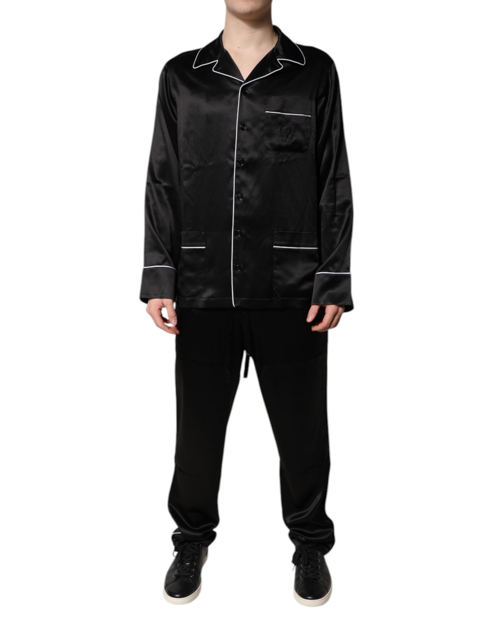 Dolce & Gabbana Zwarte Zijden Hemd Broek Pyjama Set Nachtkleding