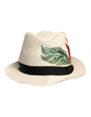 Dolce & Gabbana Stroh-Fedora mit breiter Krempe und beigem Blumenmuster