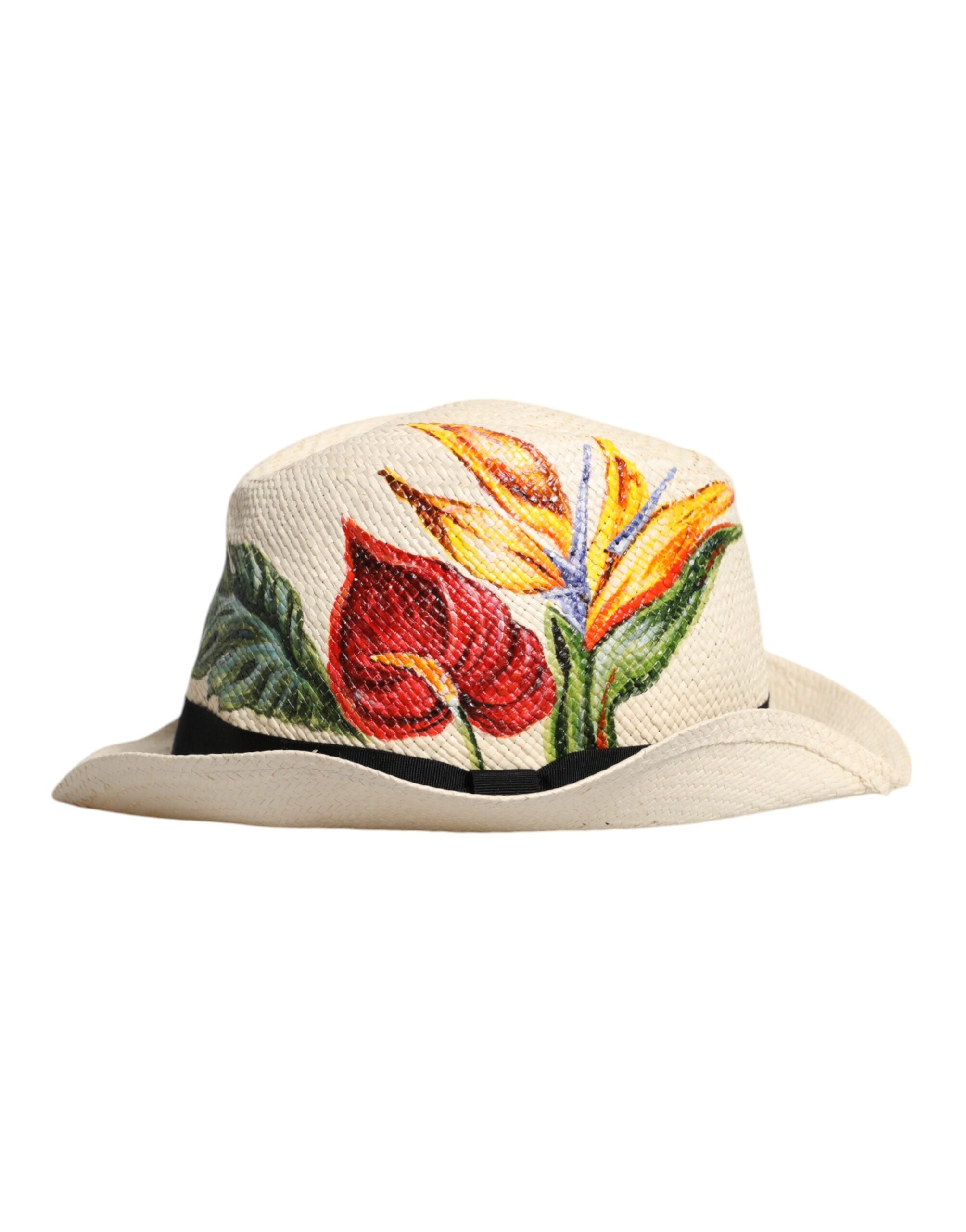 Dolce & Gabbana Stroh-Fedora mit breiter Krempe und beigem Blumenmuster