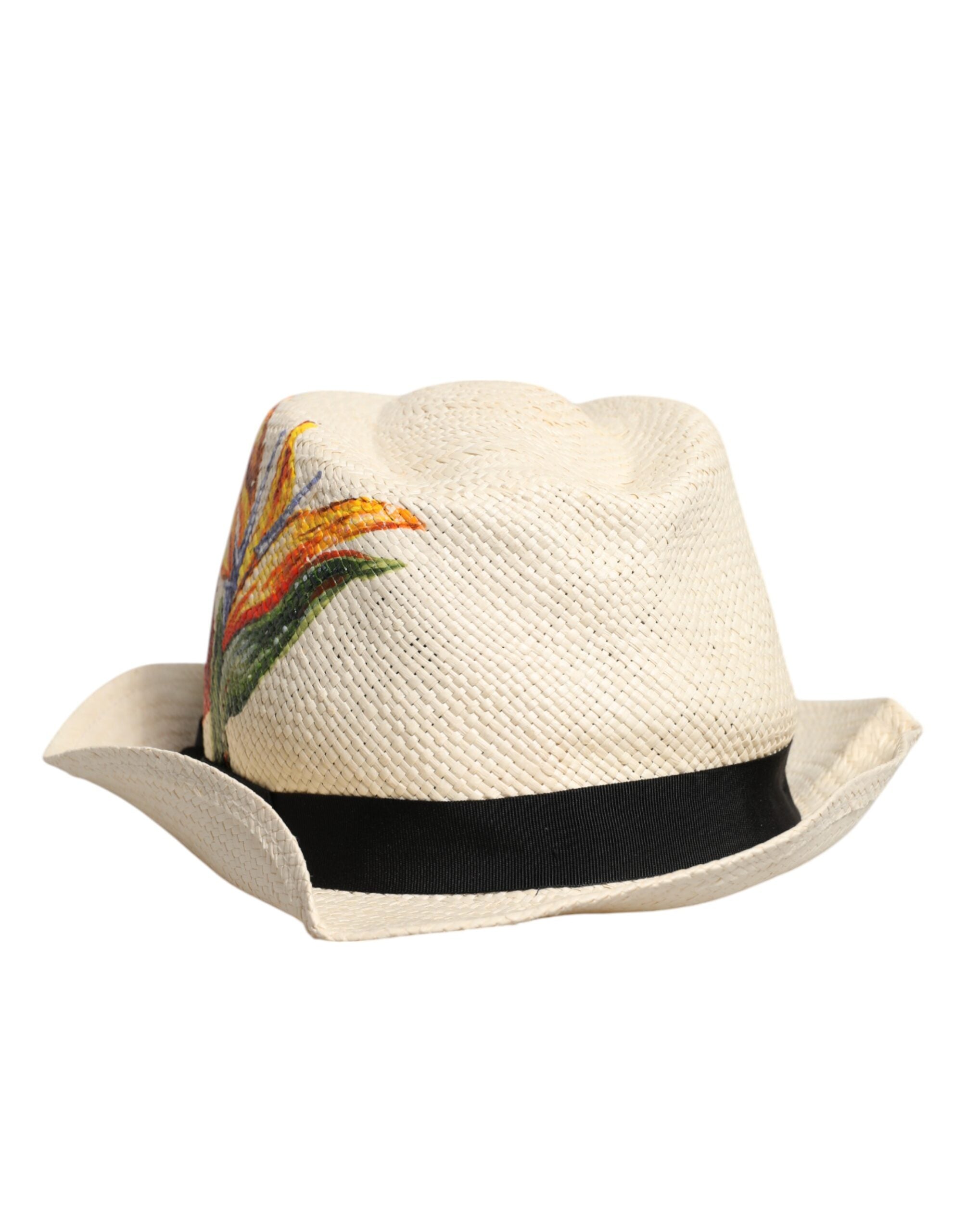 Dolce & Gabbana Stroh-Fedora mit breiter Krempe und beigem Blumenmuster