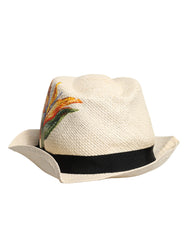 Dolce & Gabbana Stroh-Fedora mit breiter Krempe und beigem Blumenmuster