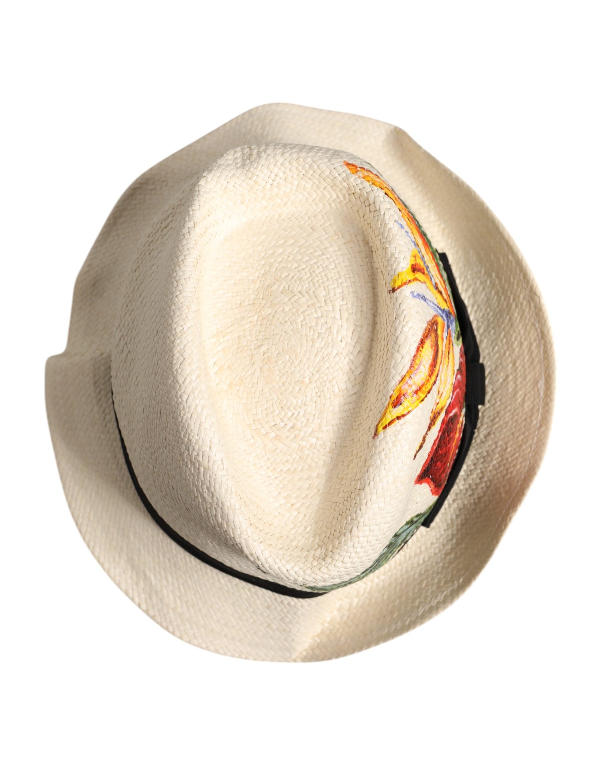 Dolce & Gabbana Stroh-Fedora mit breiter Krempe und beigem Blumenmuster