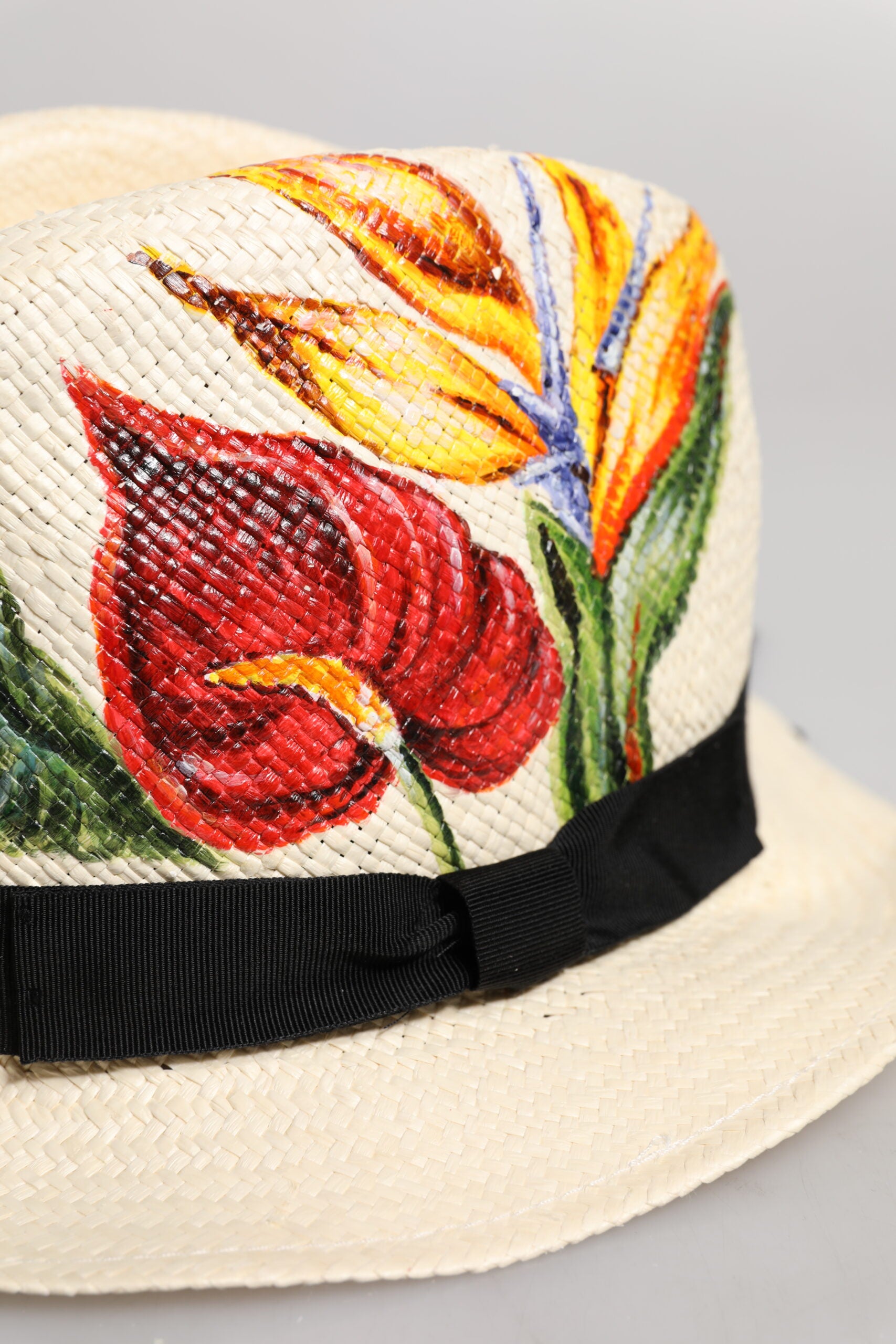 Dolce & Gabbana Stroh-Fedora mit breiter Krempe und beigem Blumenmuster