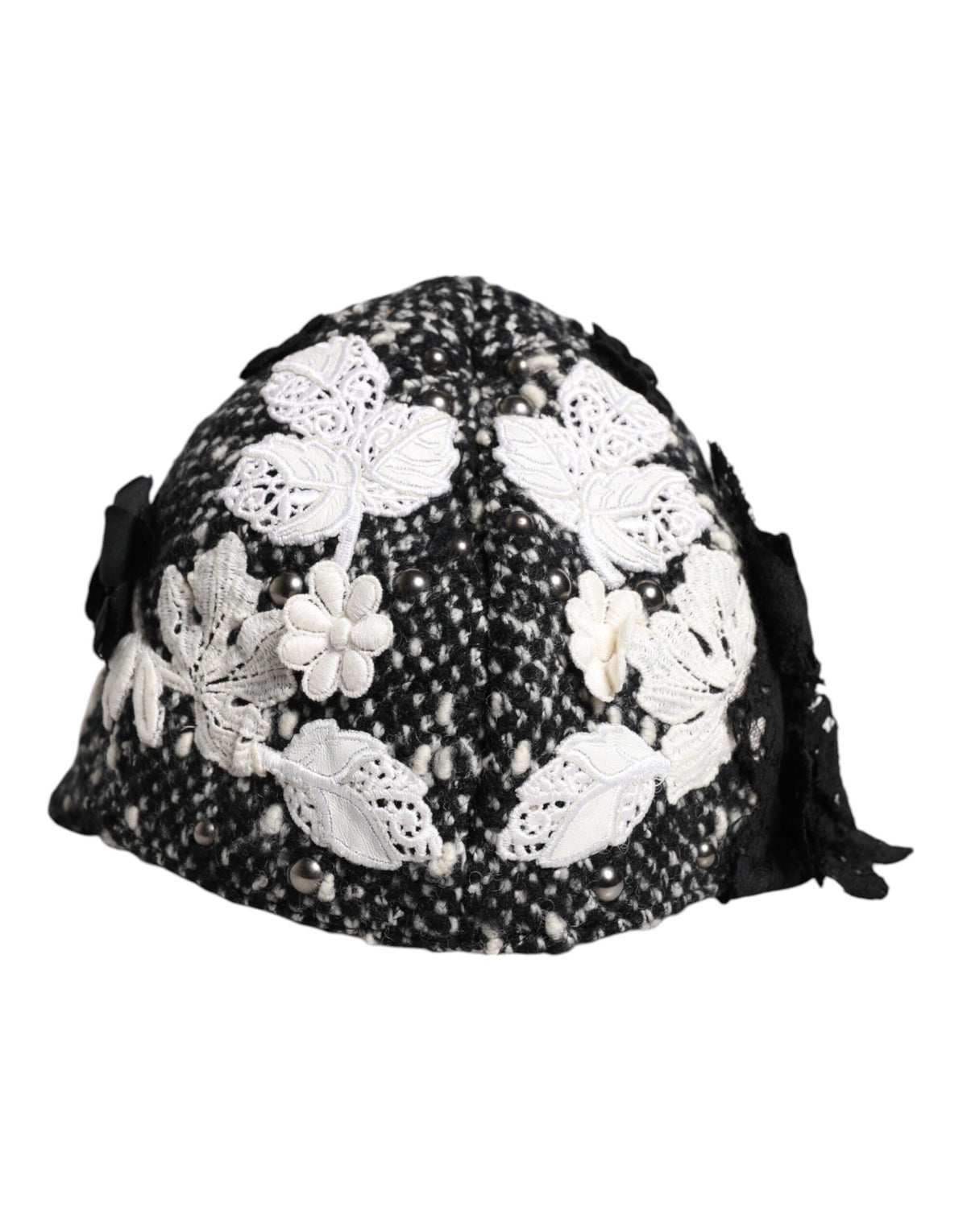 Dolce & Gabbana Schwarzer Wollhut mit weißen Blumenapplikationen