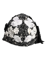 Dolce & Gabbana Schwarzer Wollhut mit weißen Blumenapplikationen