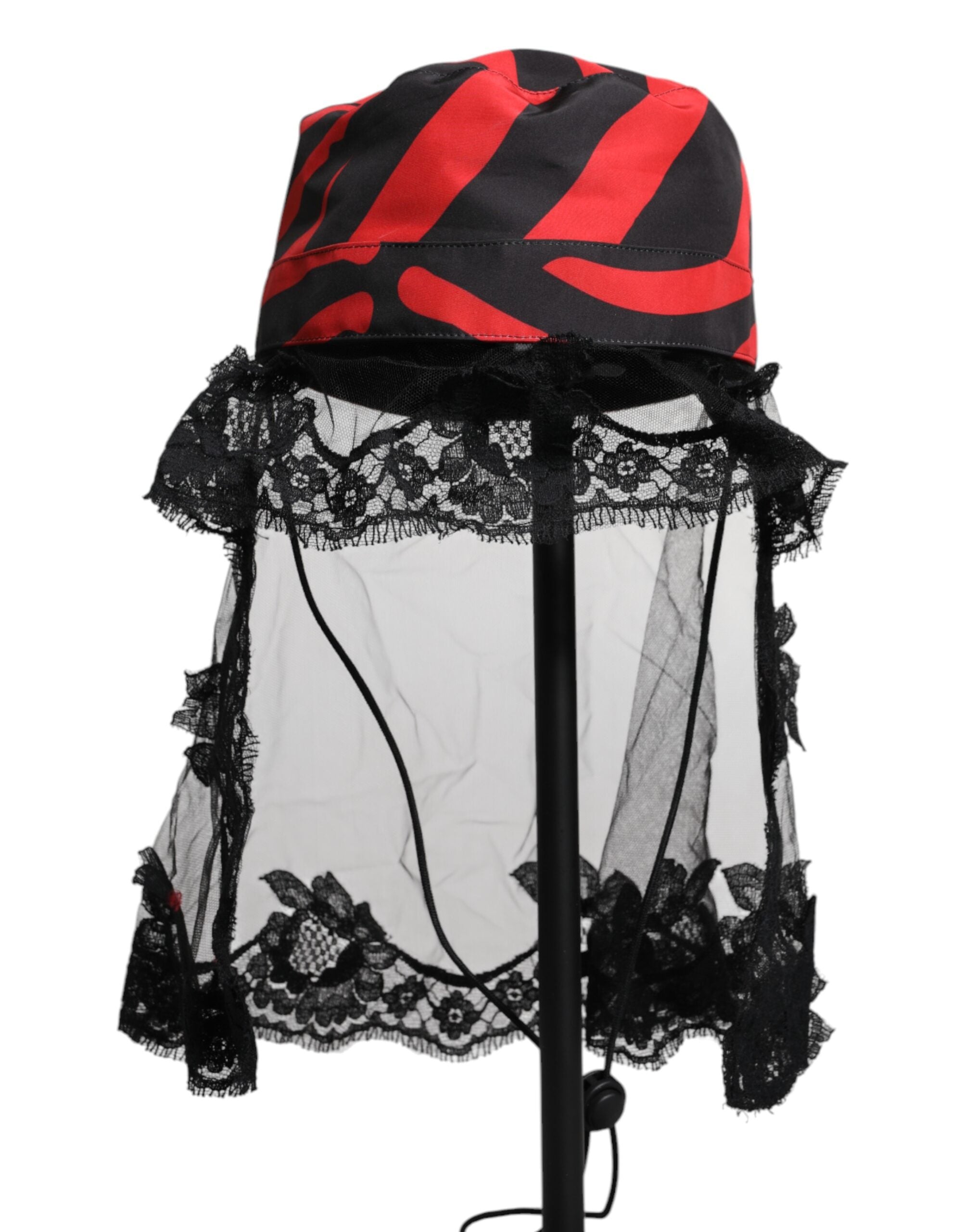 Dolce & Gabbana Schwarzer Eimerhut aus Spitze und Tüll mit roten Streifen