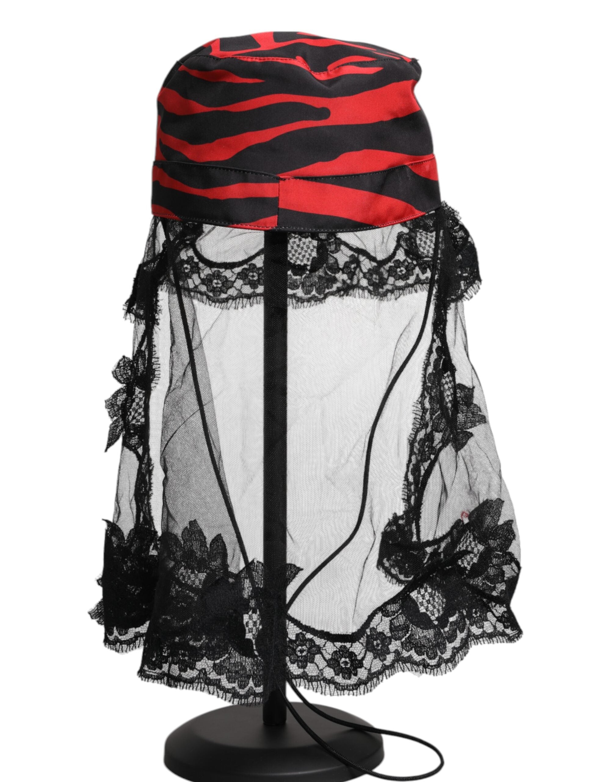 Dolce & Gabbana Schwarzer Eimerhut aus Spitze und Tüll mit roten Streifen
