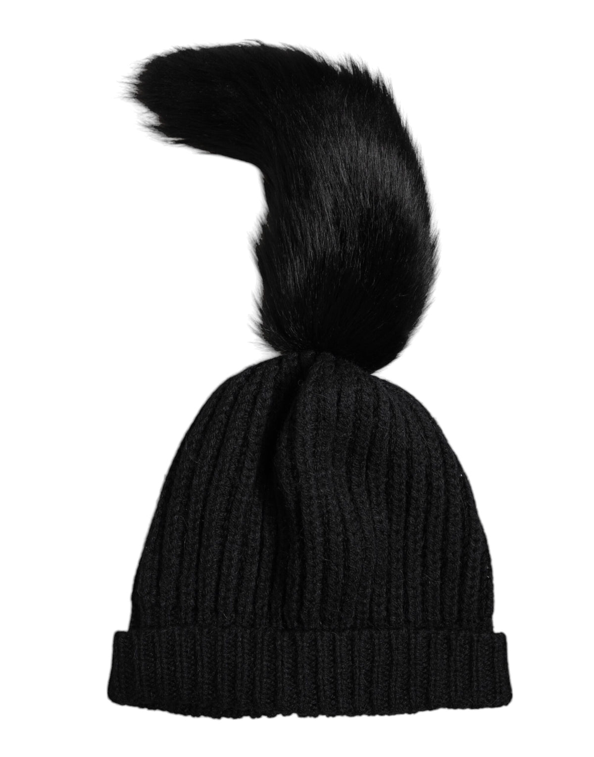 Dolce & Gabbana Schwarze Beanie-Mütze aus Acrylstrick mit Kunstfellbesatz für den Winter
