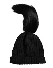 Dolce & Gabbana Schwarze Beanie-Mütze aus Acrylstrick mit Kunstfellbesatz für den Winter
