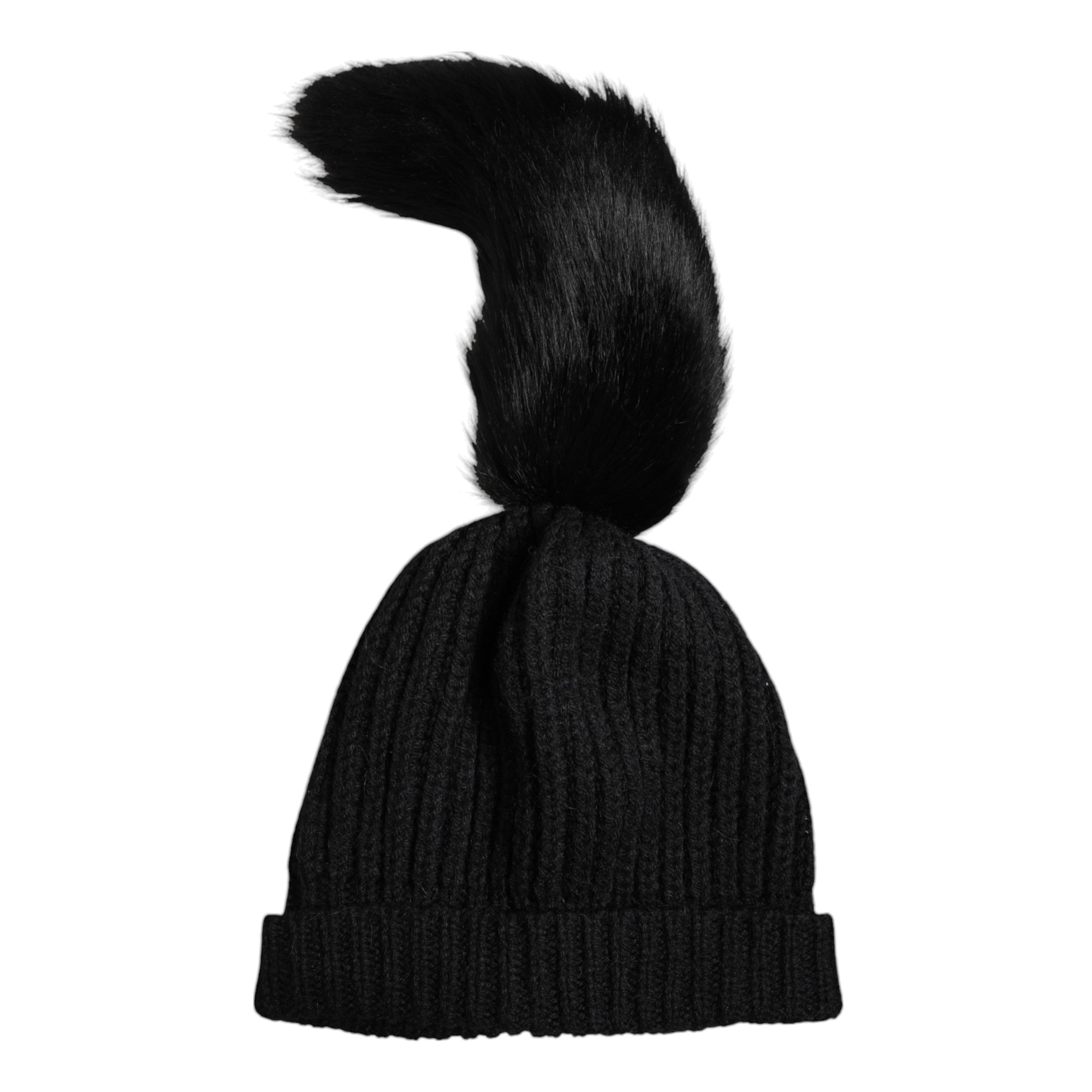 Dolce & Gabbana Schwarze Beanie-Mütze aus Acrylstrick mit Kunstfellbesatz für den Winter